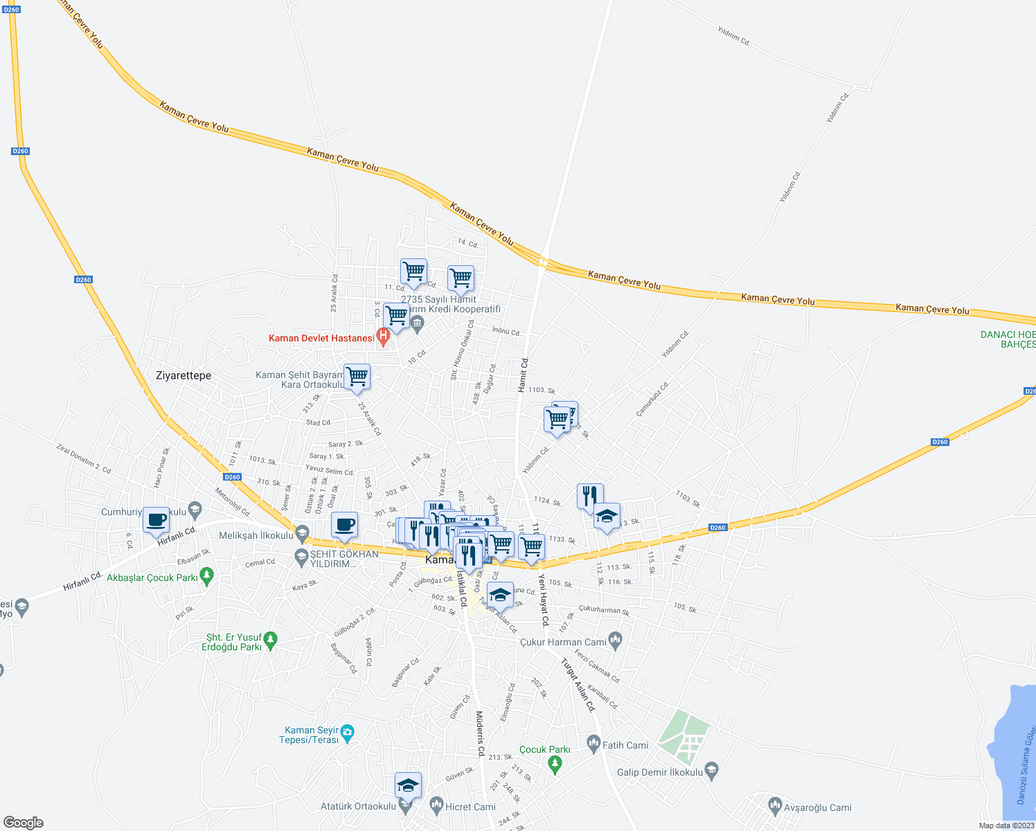 map of restaurants, bars, coffee shops, grocery stores, and more near Hamit Cd in Kaman