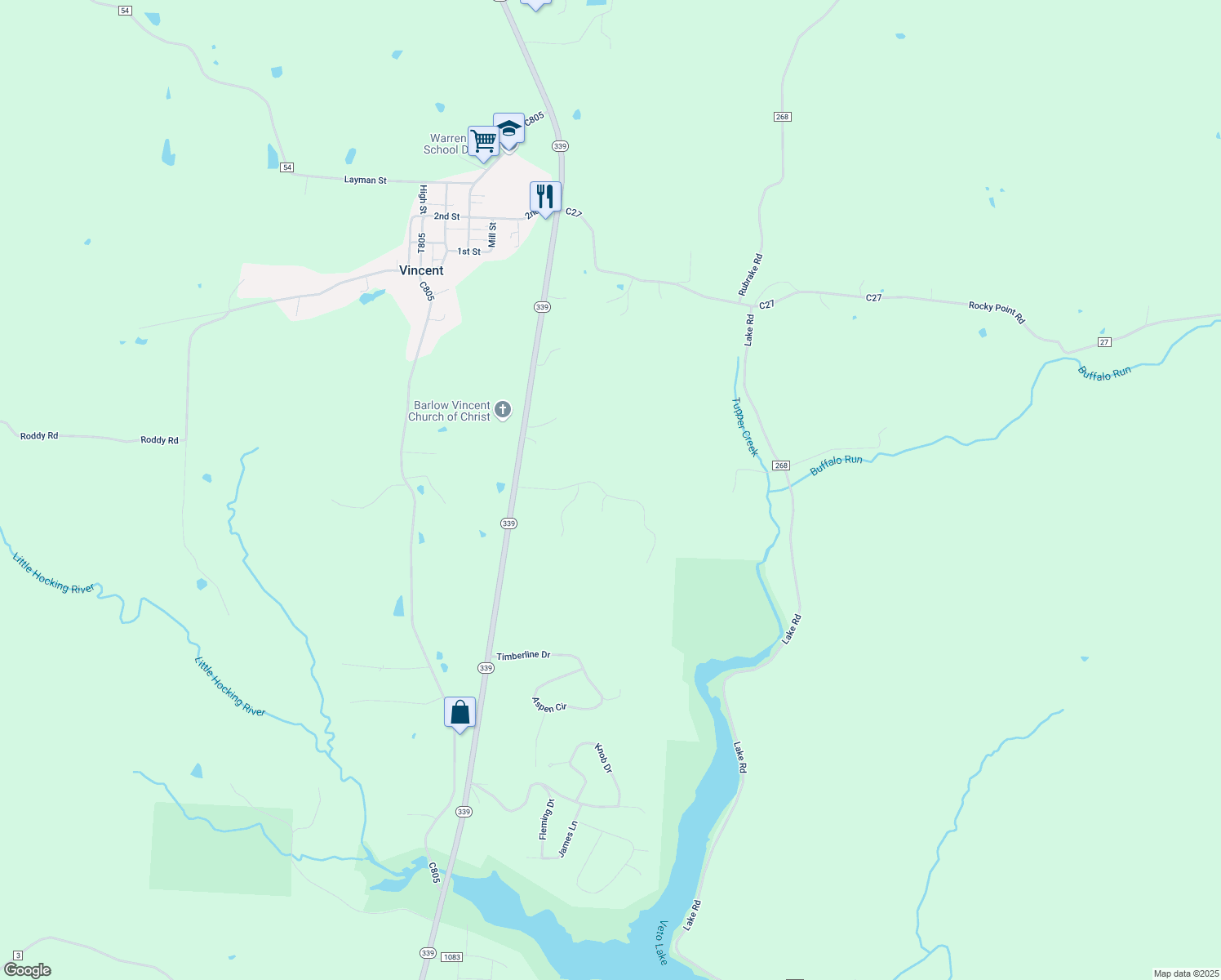 map of restaurants, bars, coffee shops, grocery stores, and more near 135 Lewis Pointe Drive in Vincent