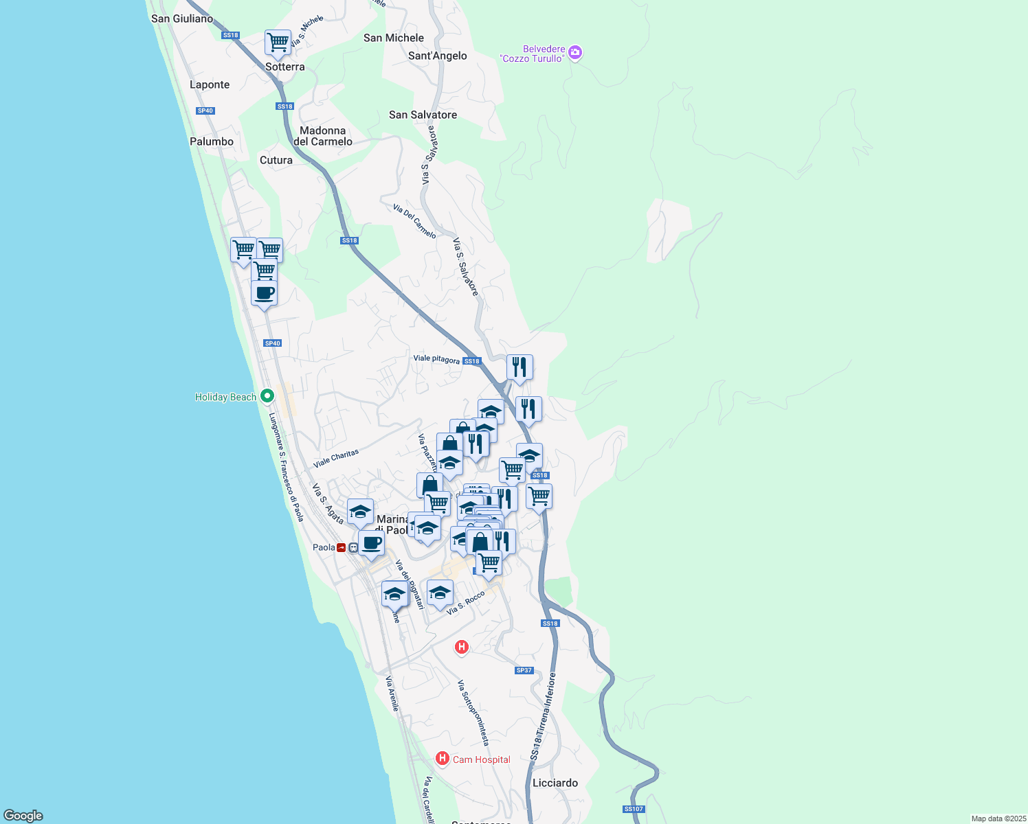map of restaurants, bars, coffee shops, grocery stores, and more near Strada Statale 18 Tirrena Inferiore in Paola