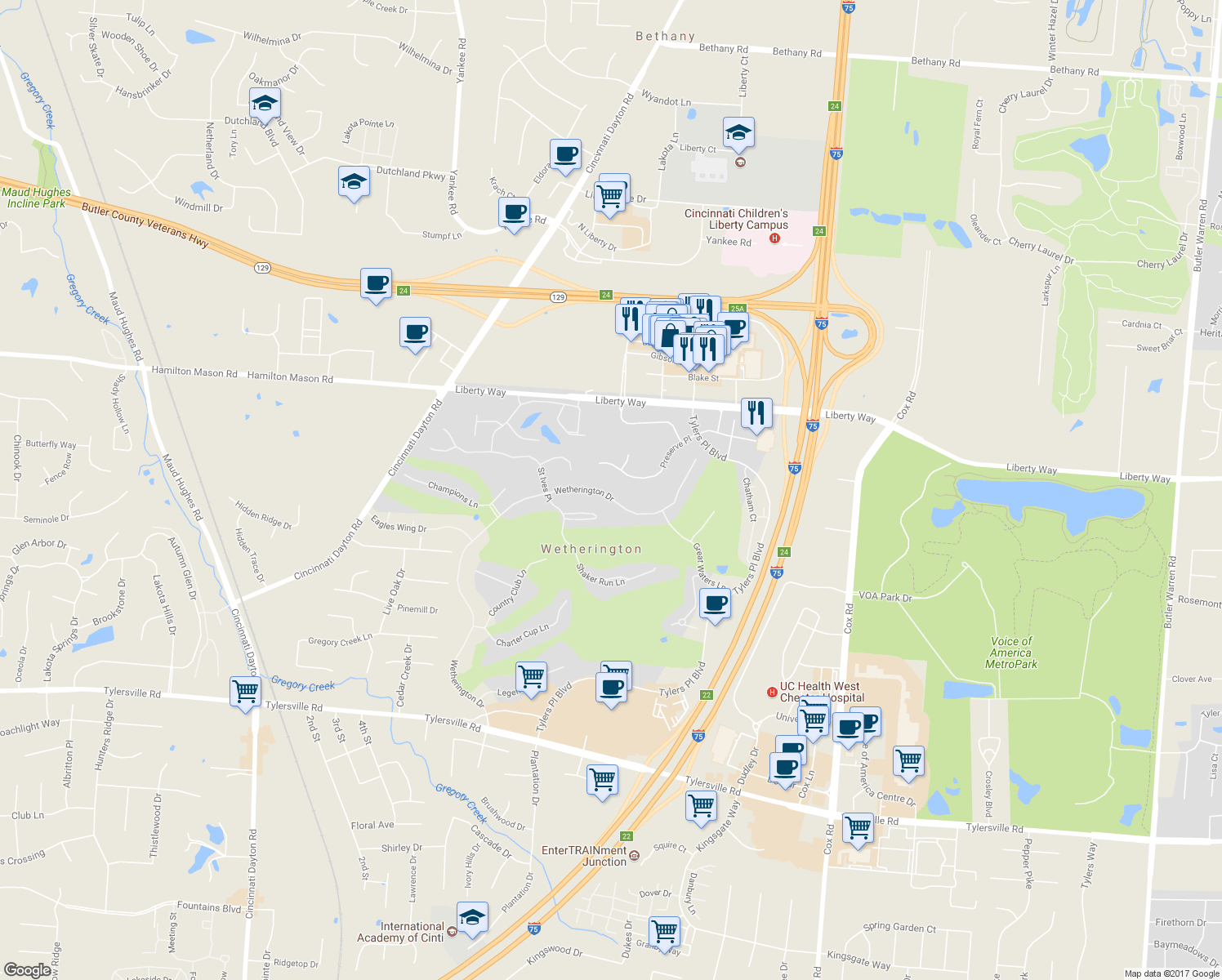 map of restaurants, bars, coffee shops, grocery stores, and more near 7327 Wetherington Drive in Wetherington