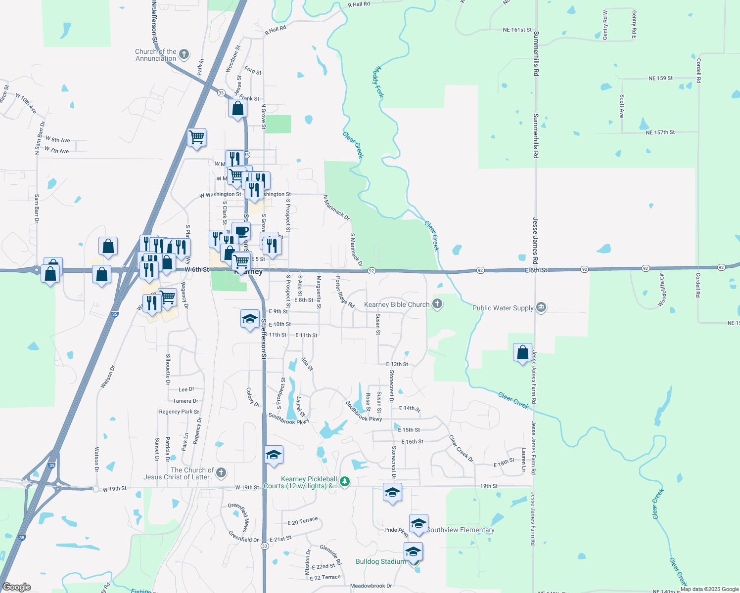 map of restaurants, bars, coffee shops, grocery stores, and more near 805 Pine Crest Avenue in Kearney