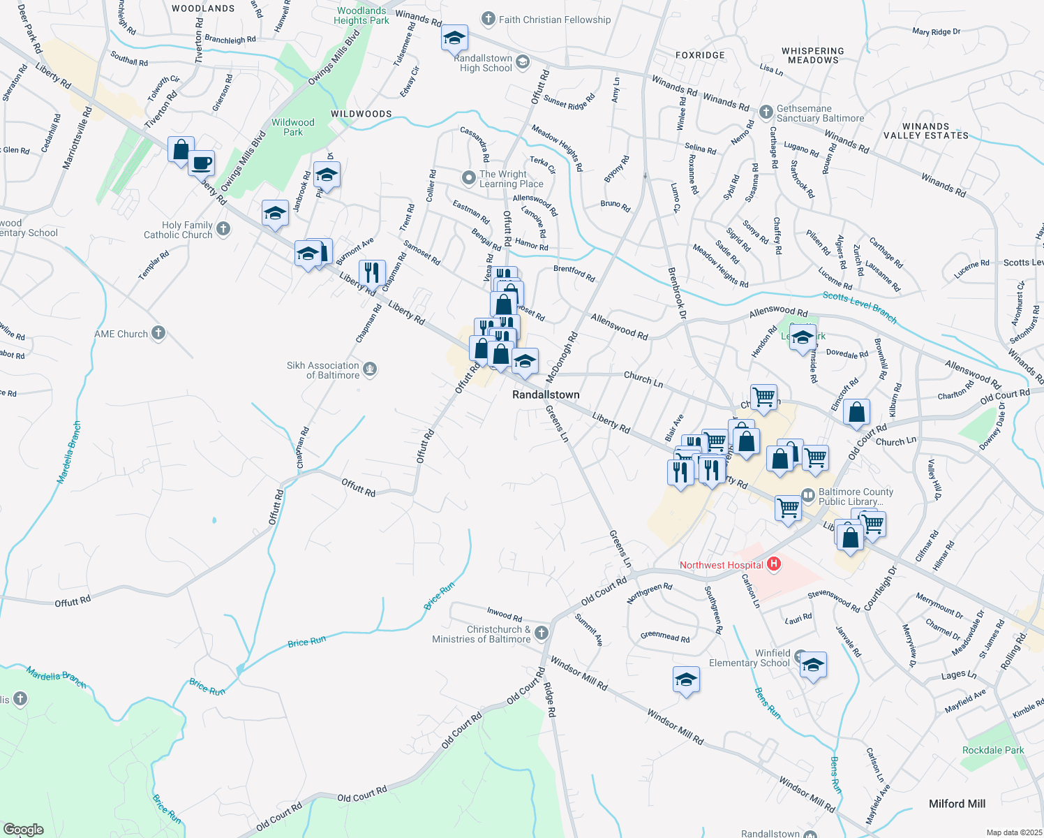 map of restaurants, bars, coffee shops, grocery stores, and more near 9015 Marcella Avenue in Randallstown