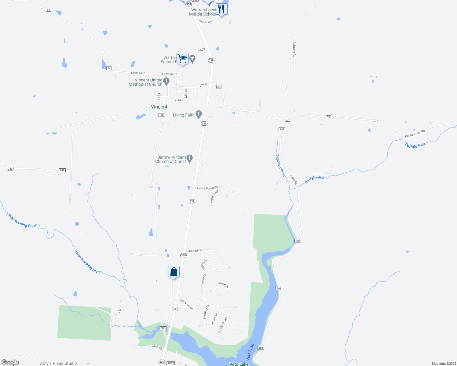 map of restaurants, bars, coffee shops, grocery stores, and more near 135 Lewis Pointe Drive in Vincent