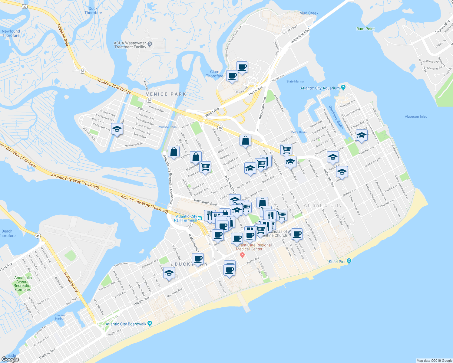 map of restaurants, bars, coffee shops, grocery stores, and more near 511 Robinson Avenue in Atlantic City