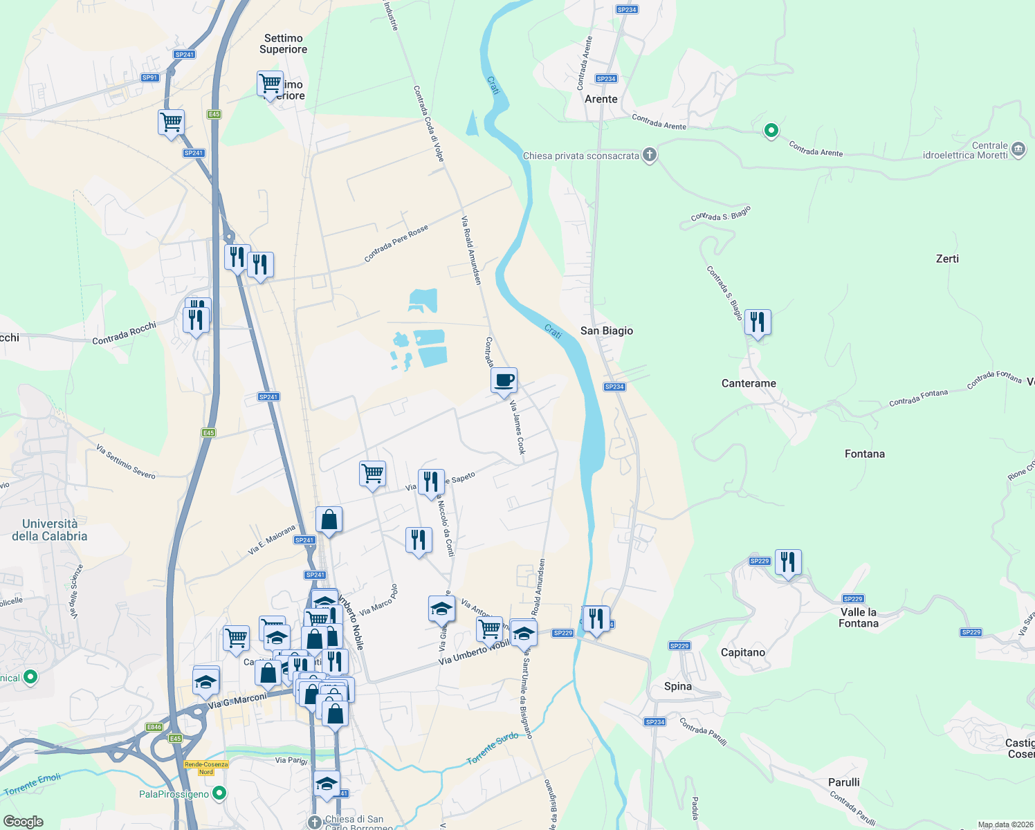 map of restaurants, bars, coffee shops, grocery stores, and more near 16 Via James Cook in Provincia di Cosenza