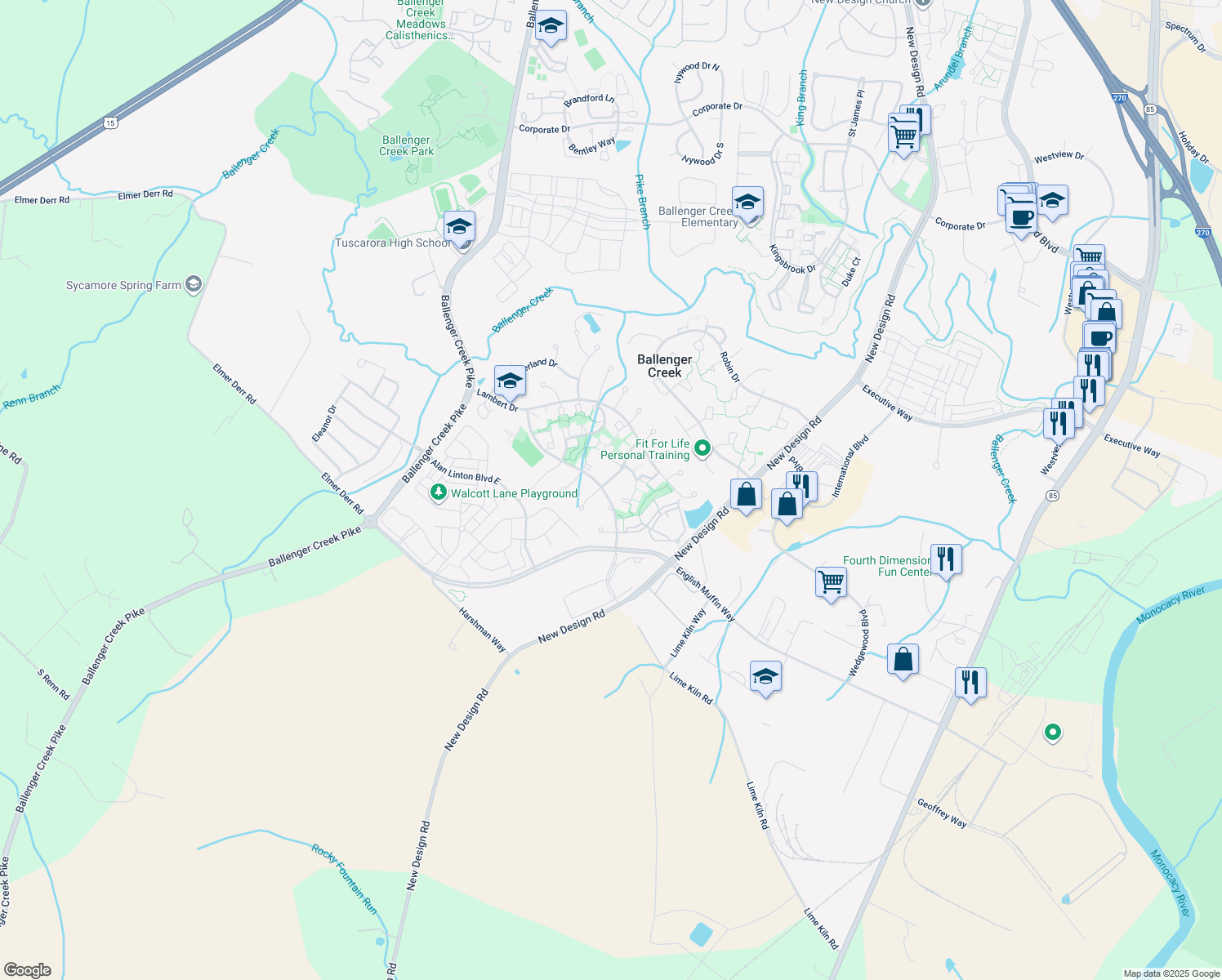 map of restaurants, bars, coffee shops, grocery stores, and more near 5151 McLauren Lane in Frederick