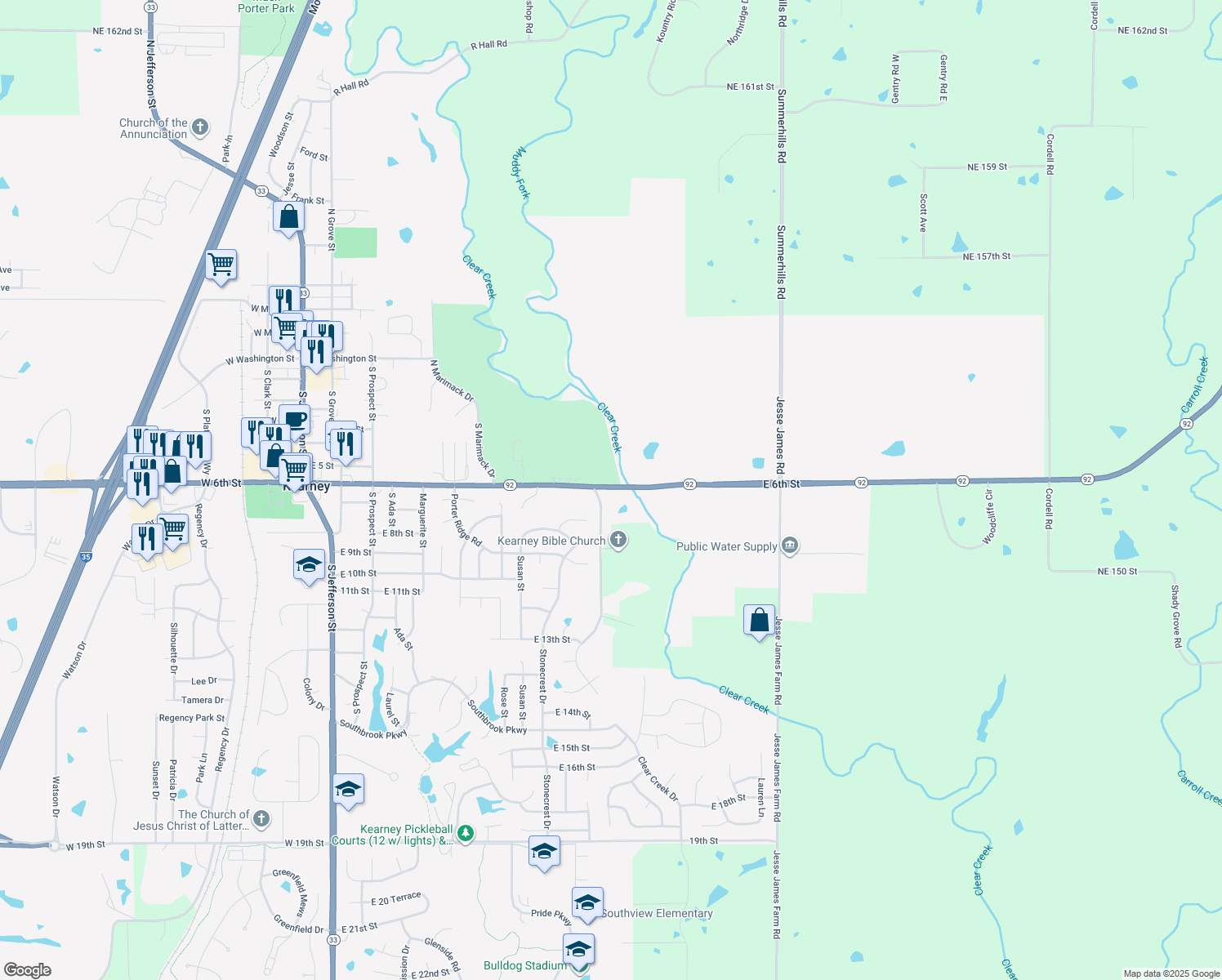 map of restaurants, bars, coffee shops, grocery stores, and more near 1313 Clear Creek Drive in Kearney