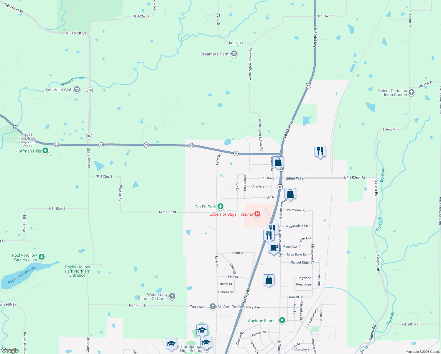 map of restaurants, bars, coffee shops, grocery stores, and more near 2117 Lynn Rd in Excelsior Springs