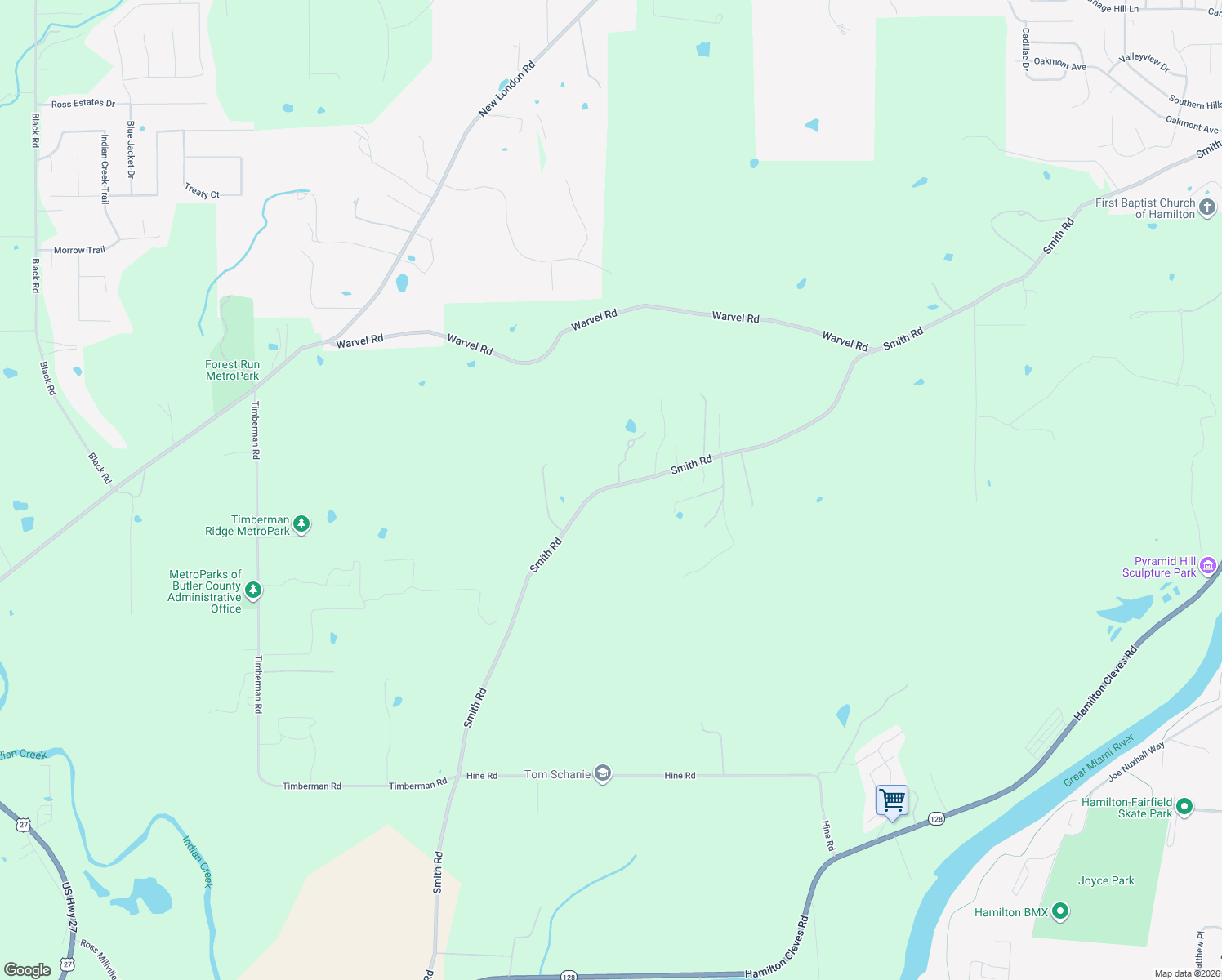 map of restaurants, bars, coffee shops, grocery stores, and more near 2122 Smith Road in Hamilton