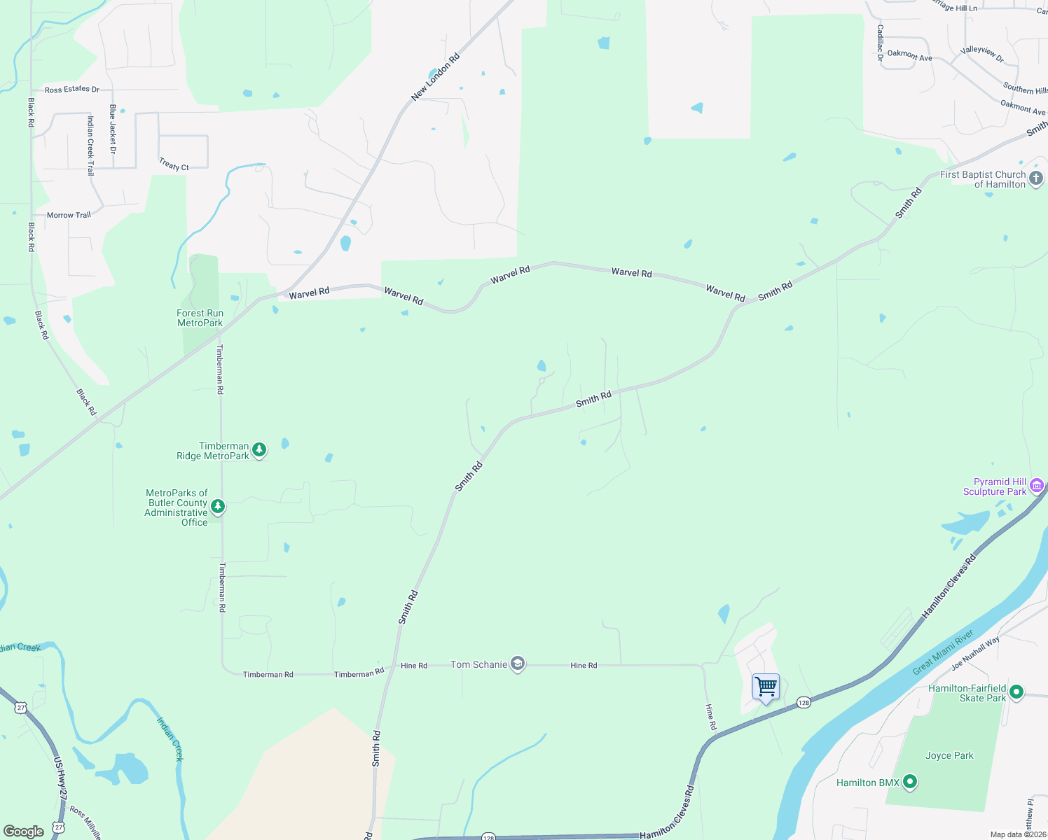 map of restaurants, bars, coffee shops, grocery stores, and more near 2122 Smith Road in Hamilton