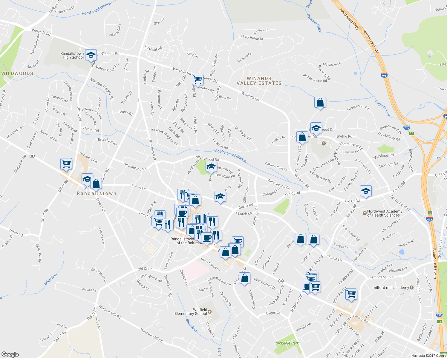 map of restaurants, bars, coffee shops, grocery stores, and more near 3812 Dovedale Court in Randallstown