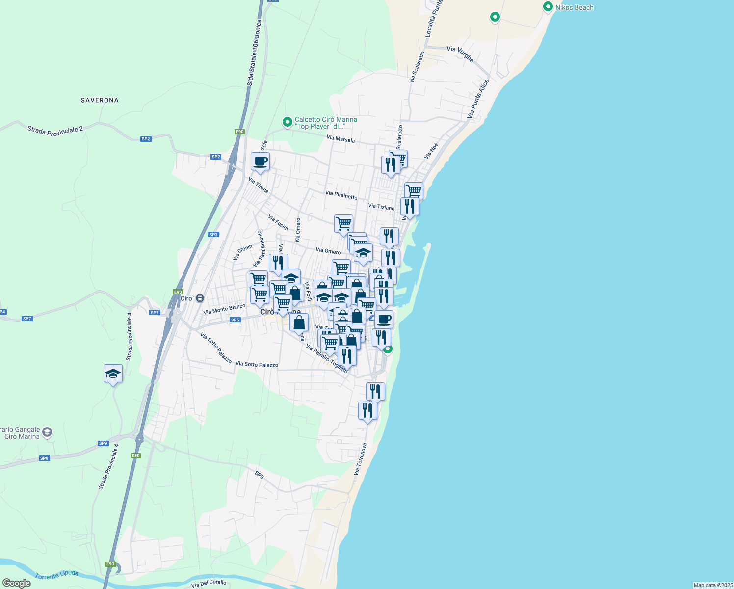 map of restaurants, bars, coffee shops, grocery stores, and more near 2 Via Arezzo in Cirò Marina