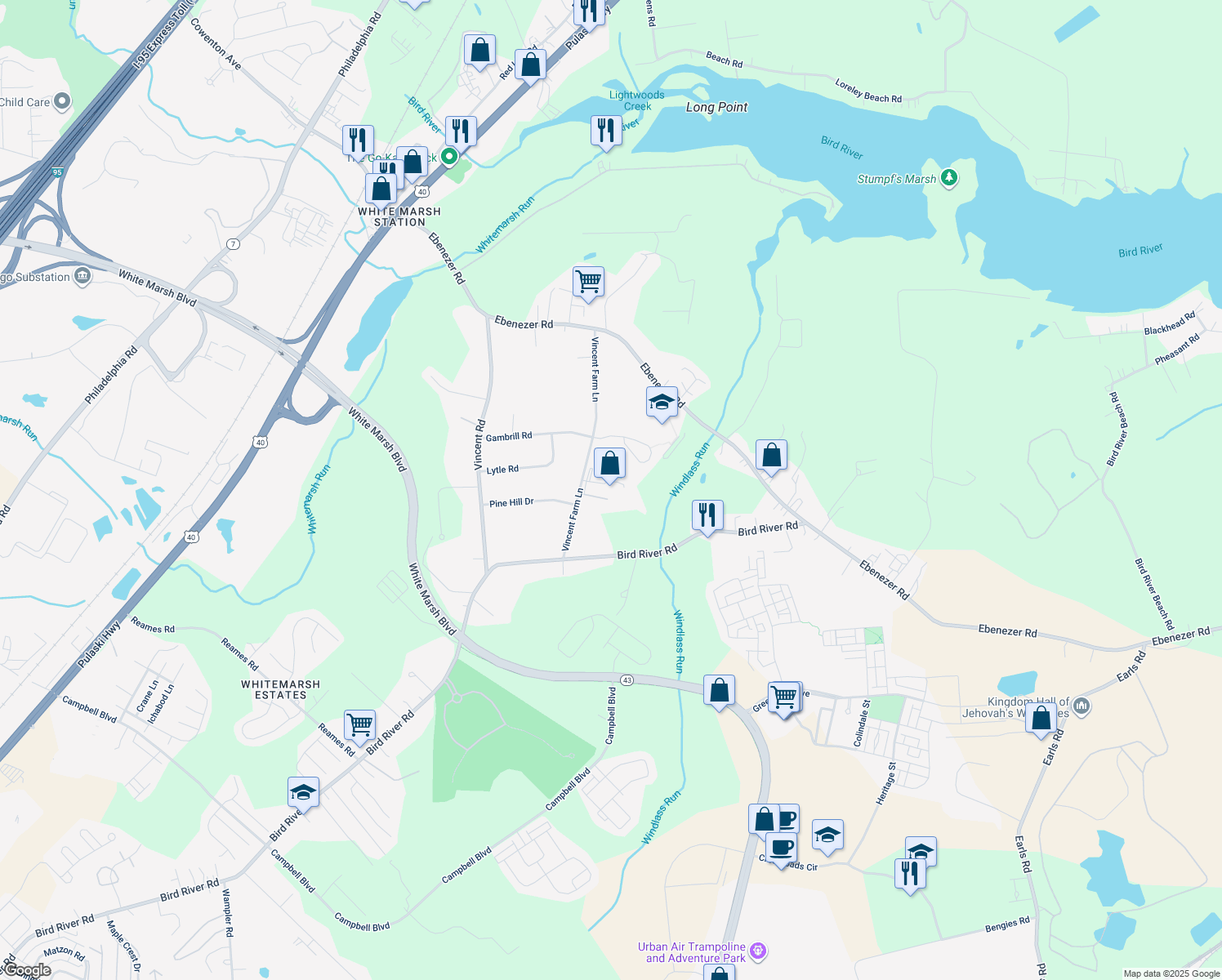 map of restaurants, bars, coffee shops, grocery stores, and more near 10403 Vincent Farm Lane in White Marsh