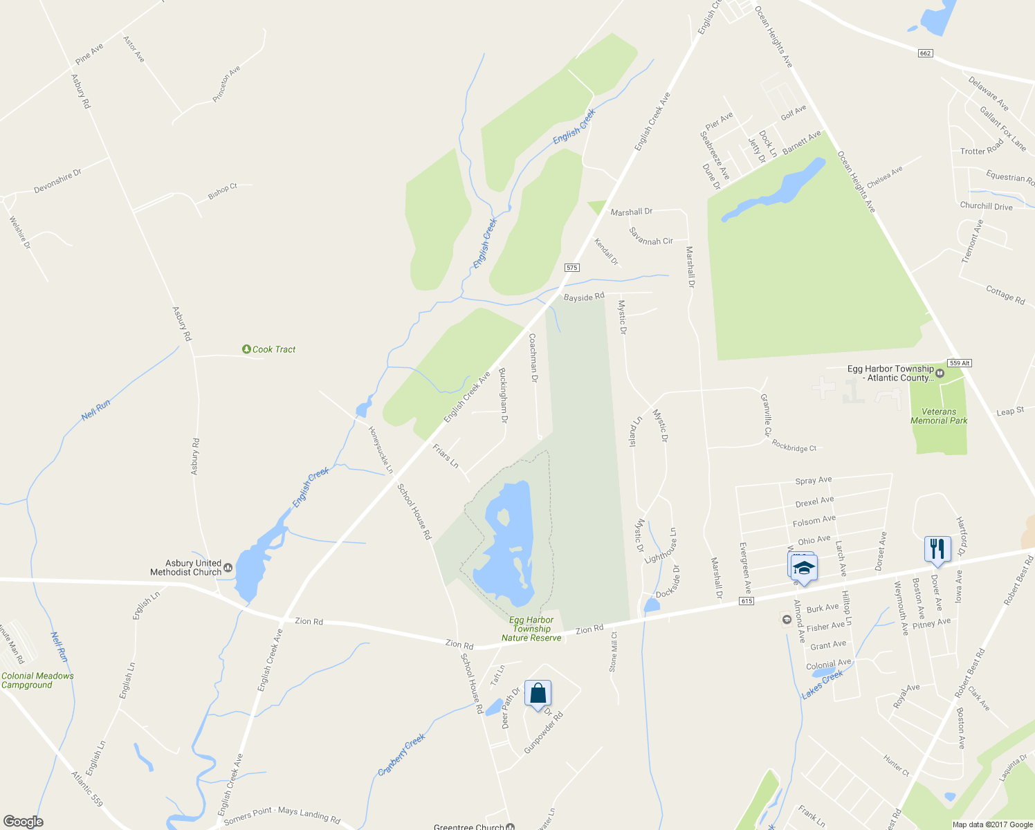 map of restaurants, bars, coffee shops, grocery stores, and more near 14 Buckingham Drive in Egg Harbor Township