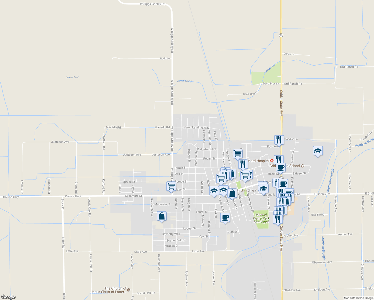 map of restaurants, bars, coffee shops, grocery stores, and more near 1141 Oregon Street in Gridley