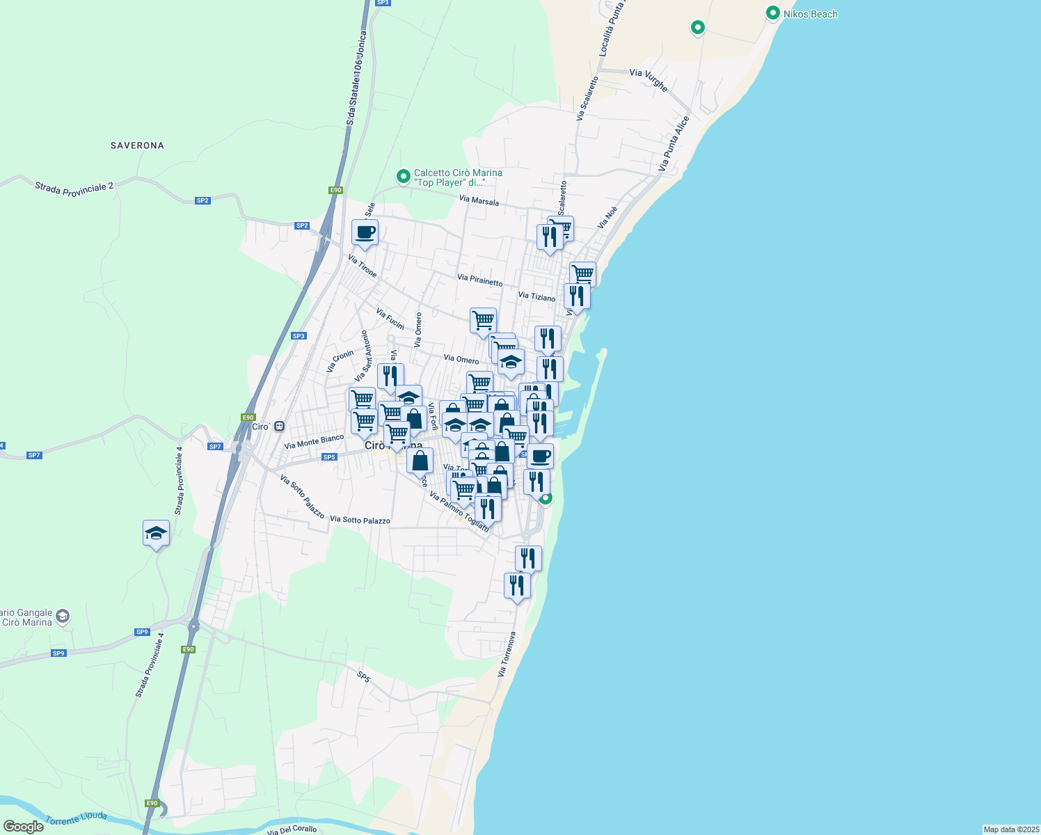 map of restaurants, bars, coffee shops, grocery stores, and more near 2 Via Arezzo in Cirò Marina