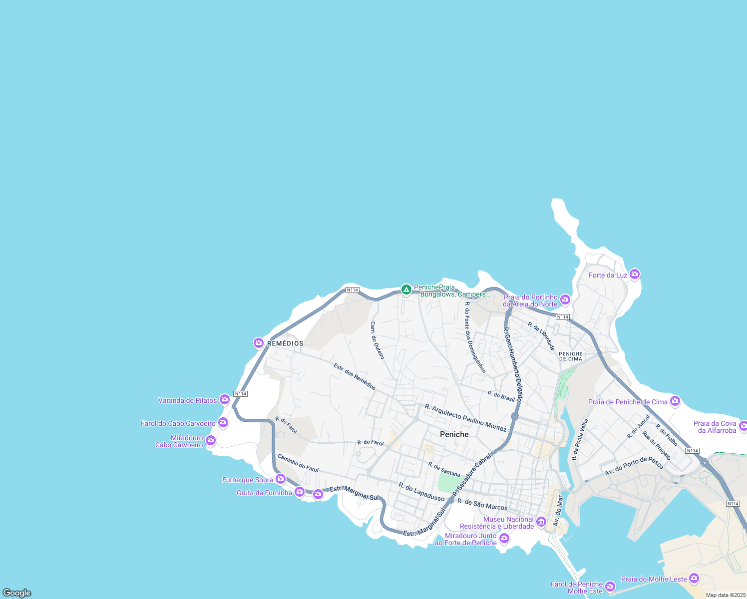 map of restaurants, bars, coffee shops, grocery stores, and more near Estrada Marginal Norte in Peniche