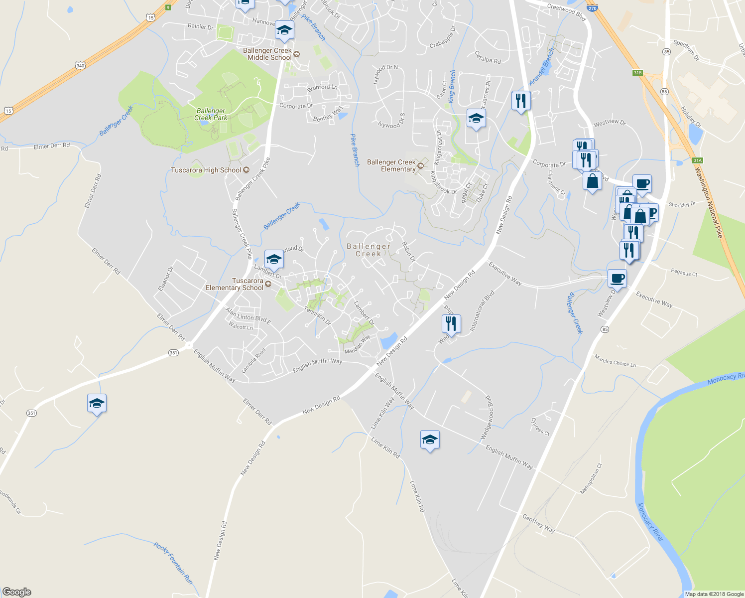 map of restaurants, bars, coffee shops, grocery stores, and more near 5168 Tiverton Court in Frederick