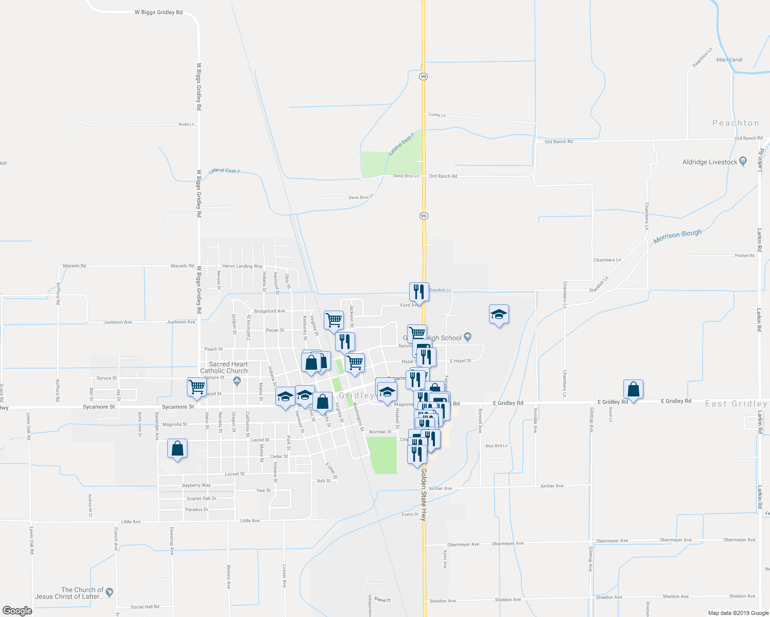 map of restaurants, bars, coffee shops, grocery stores, and more near 215 Ford Avenue in Gridley