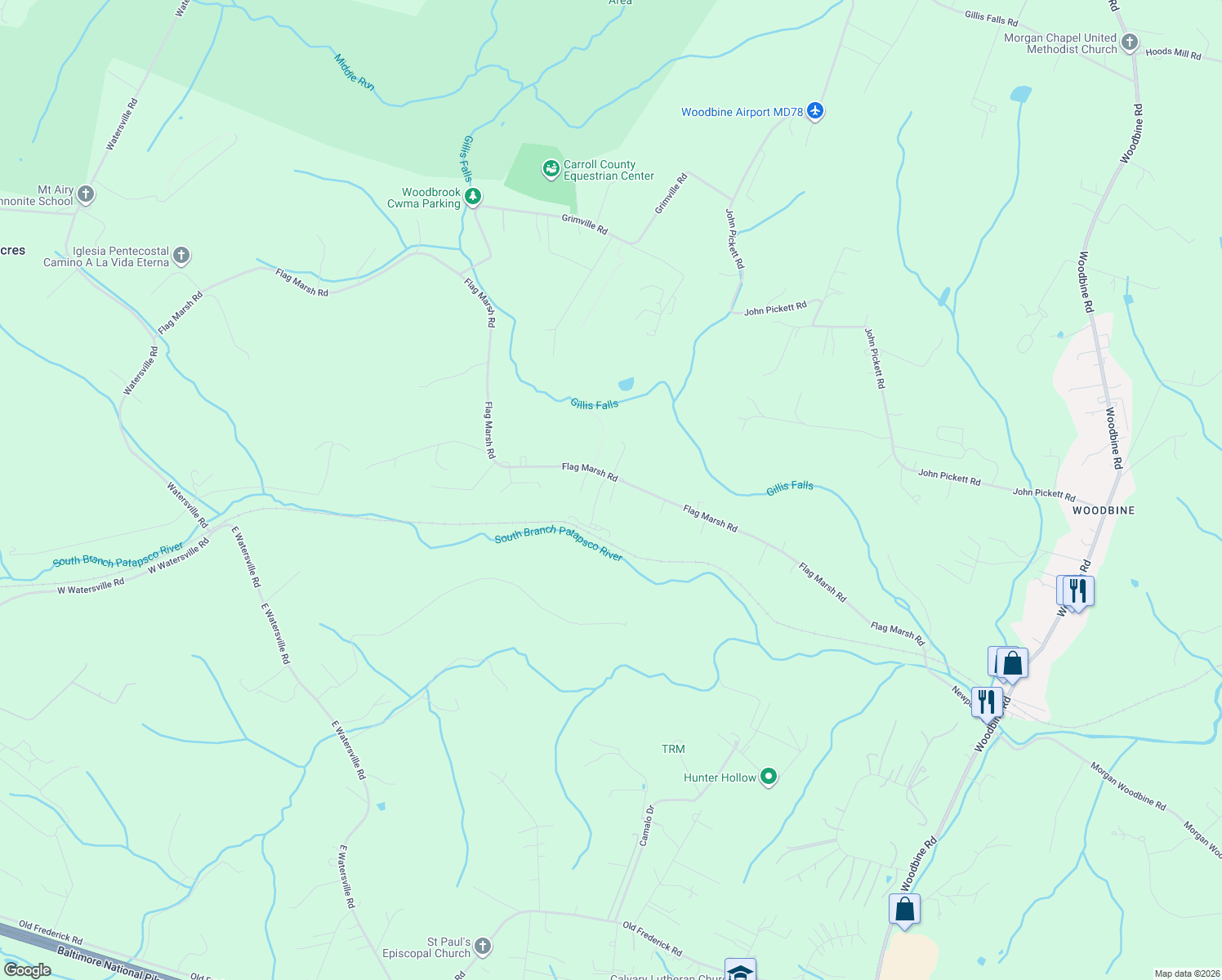 map of restaurants, bars, coffee shops, grocery stores, and more near 2429 Flag Marsh Road in Mount Airy