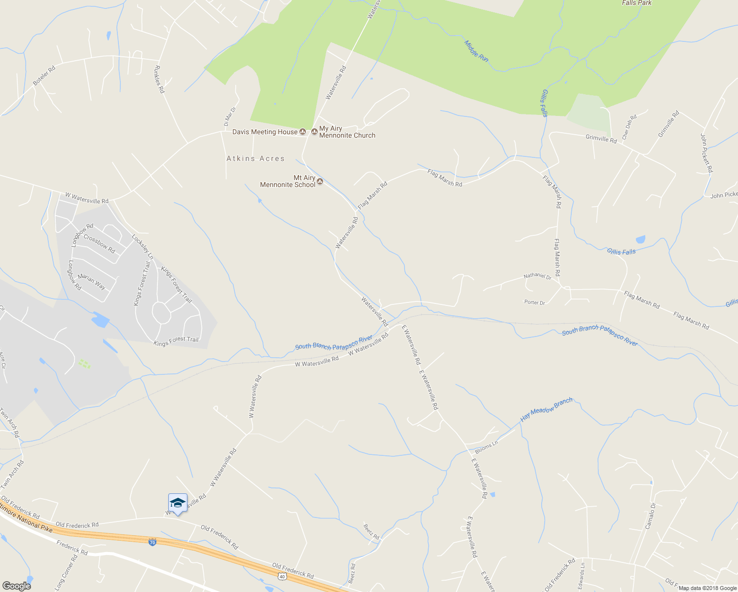 map of restaurants, bars, coffee shops, grocery stores, and more near 7401 Watersville Road in Mount Airy