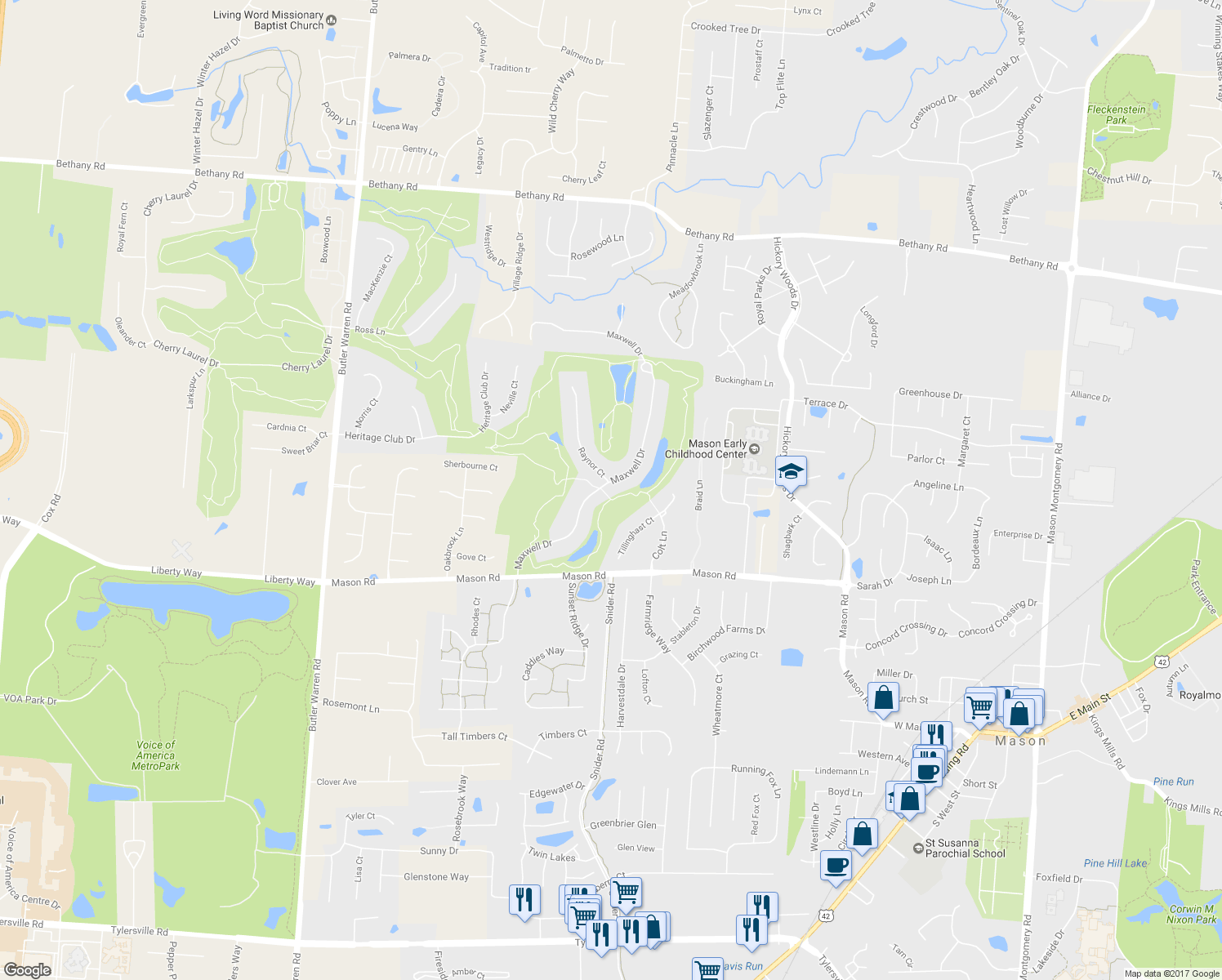 map of restaurants, bars, coffee shops, grocery stores, and more near 4744 Maxwell Drive in Mason