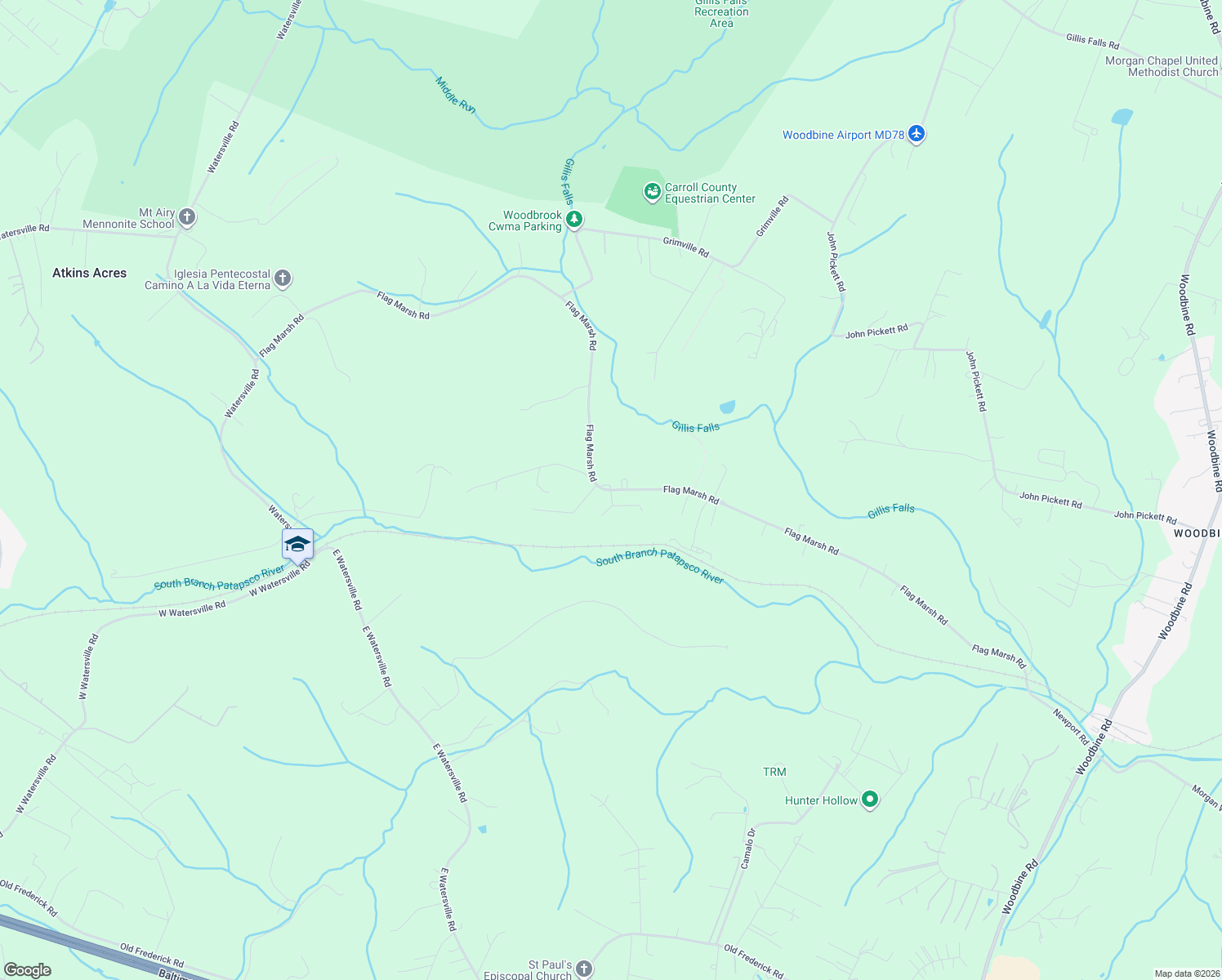 map of restaurants, bars, coffee shops, grocery stores, and more near 2393-2429 Flag Marsh Road in Mount Airy