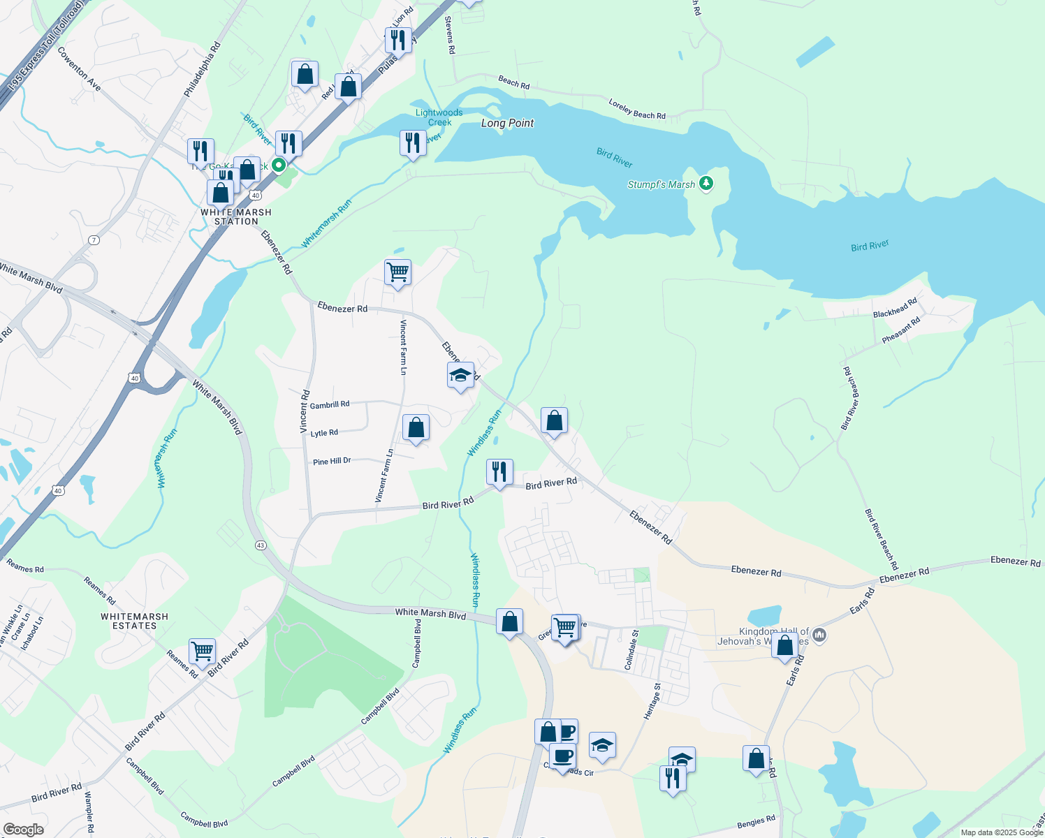 map of restaurants, bars, coffee shops, grocery stores, and more near 6115 Ebenezer Road in White Marsh