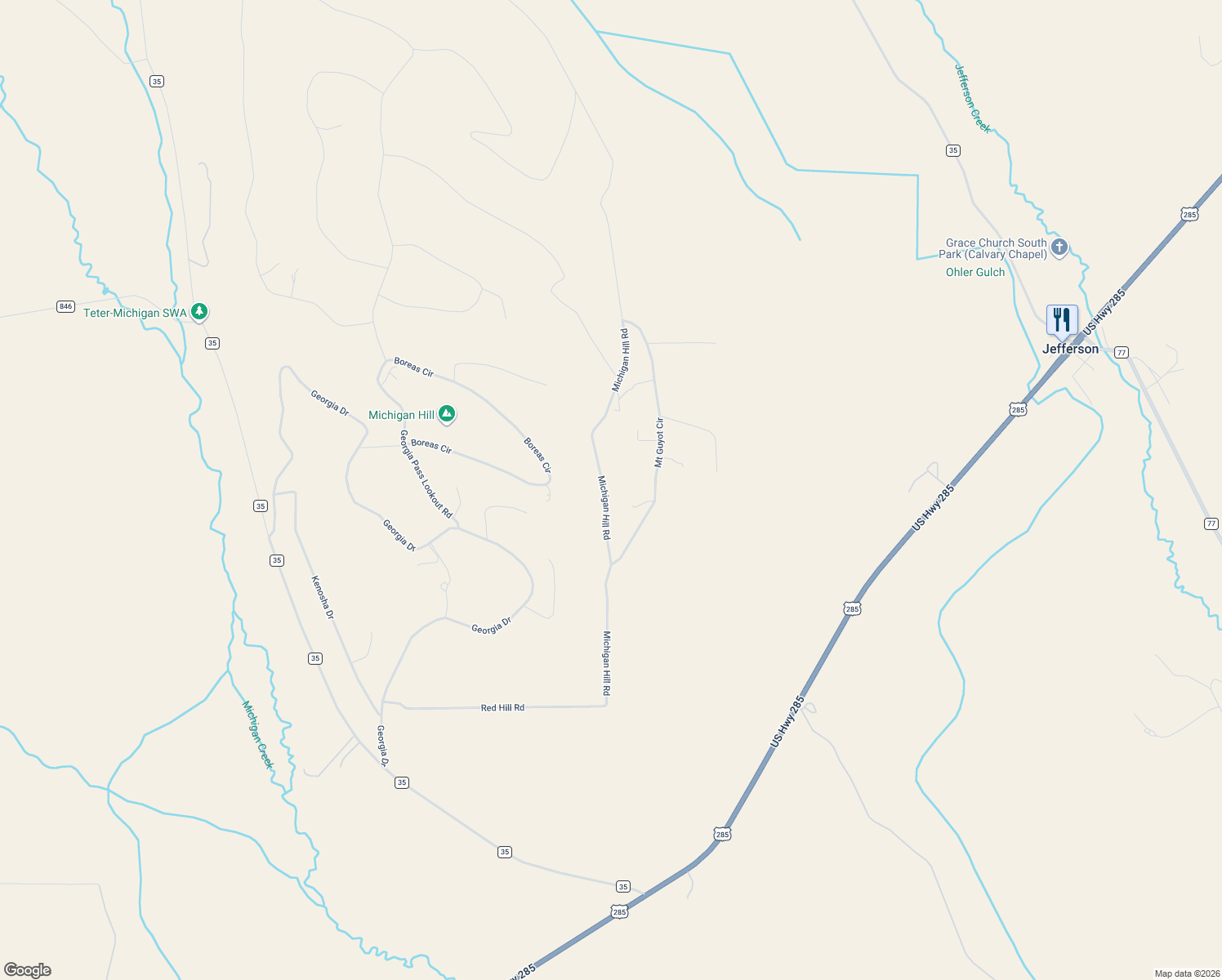 map of restaurants, bars, coffee shops, grocery stores, and more near 2350 Michigan Hill Road in Jefferson