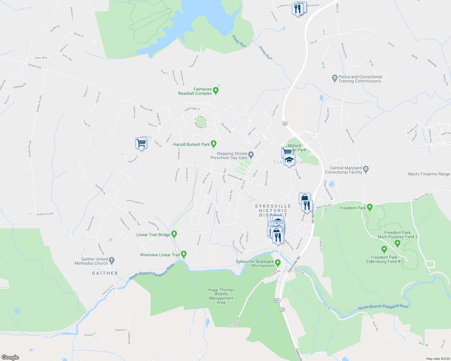 map of restaurants, bars, coffee shops, grocery stores, and more near 7331 Jennifer Way in Sykesville