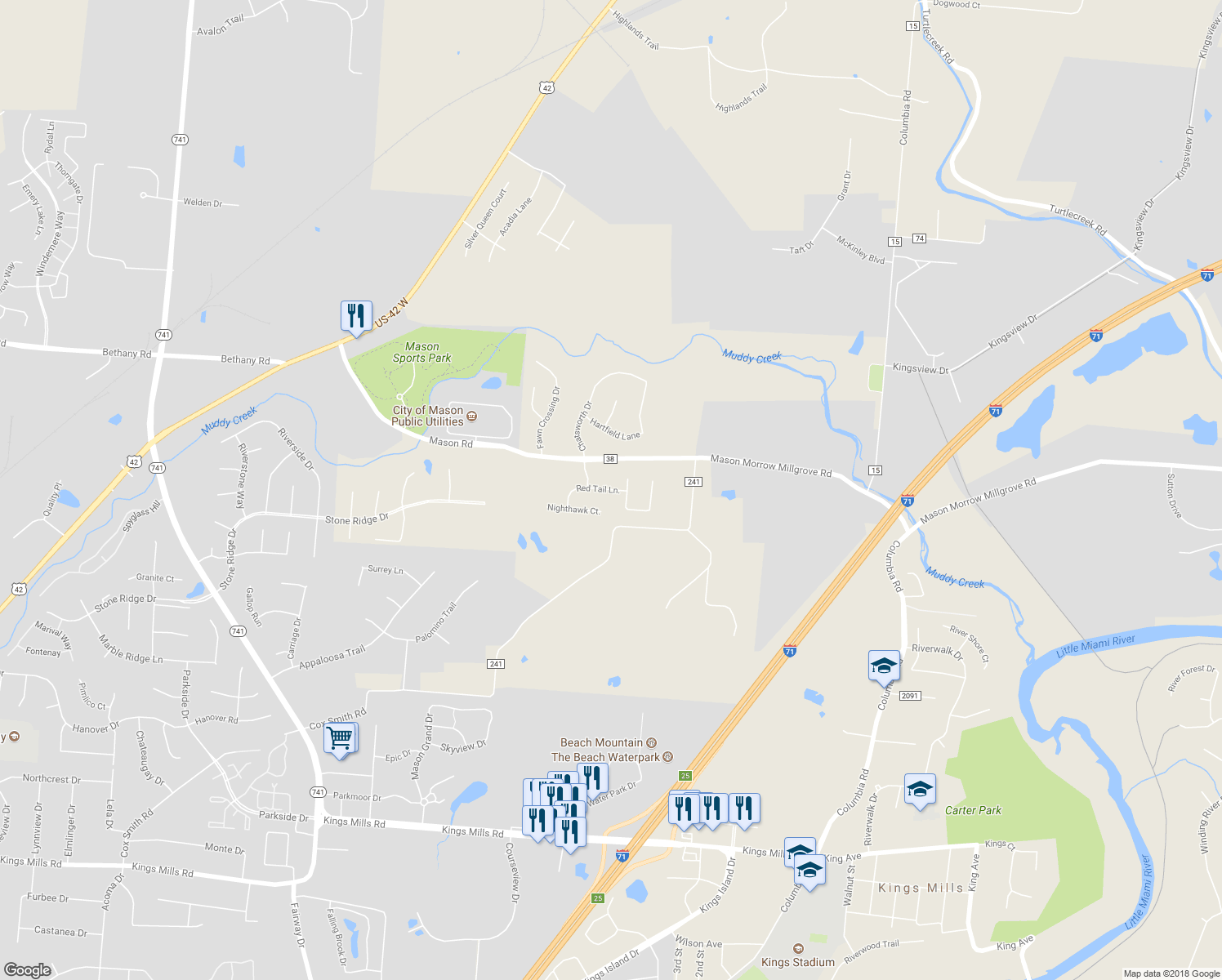 map of restaurants, bars, coffee shops, grocery stores, and more near 2678 Red Tail Ln. in Mason