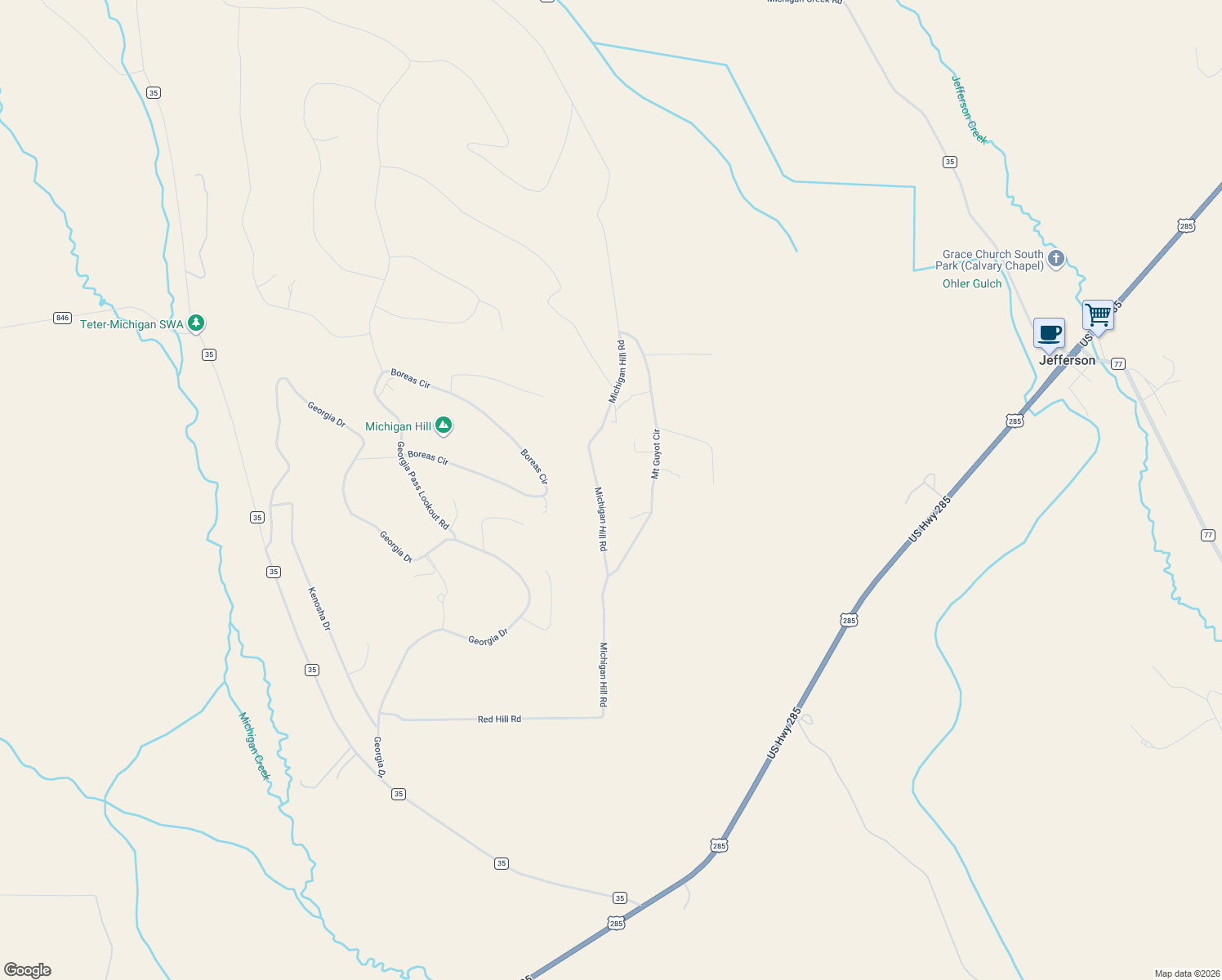 map of restaurants, bars, coffee shops, grocery stores, and more near 2350 Michigan Hill Road in Jefferson