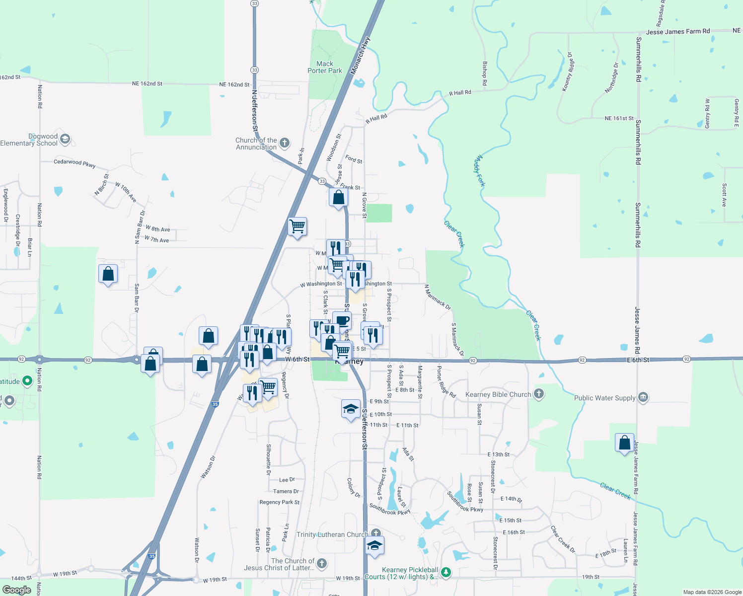 map of restaurants, bars, coffee shops, grocery stores, and more near 107 South Grove Street in Kearney