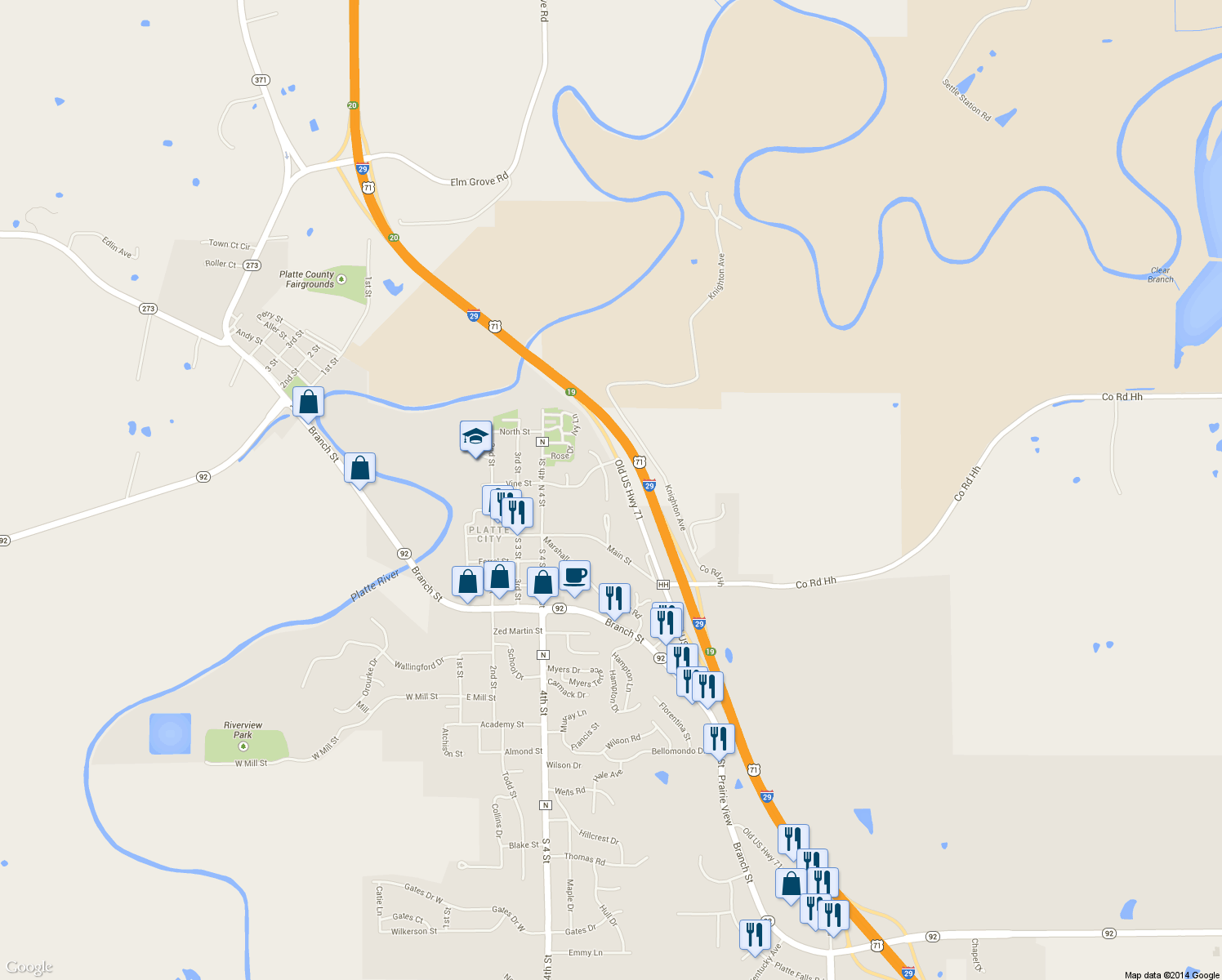 map of restaurants, bars, coffee shops, grocery stores, and more near 21 South Vine View Street in Platte City