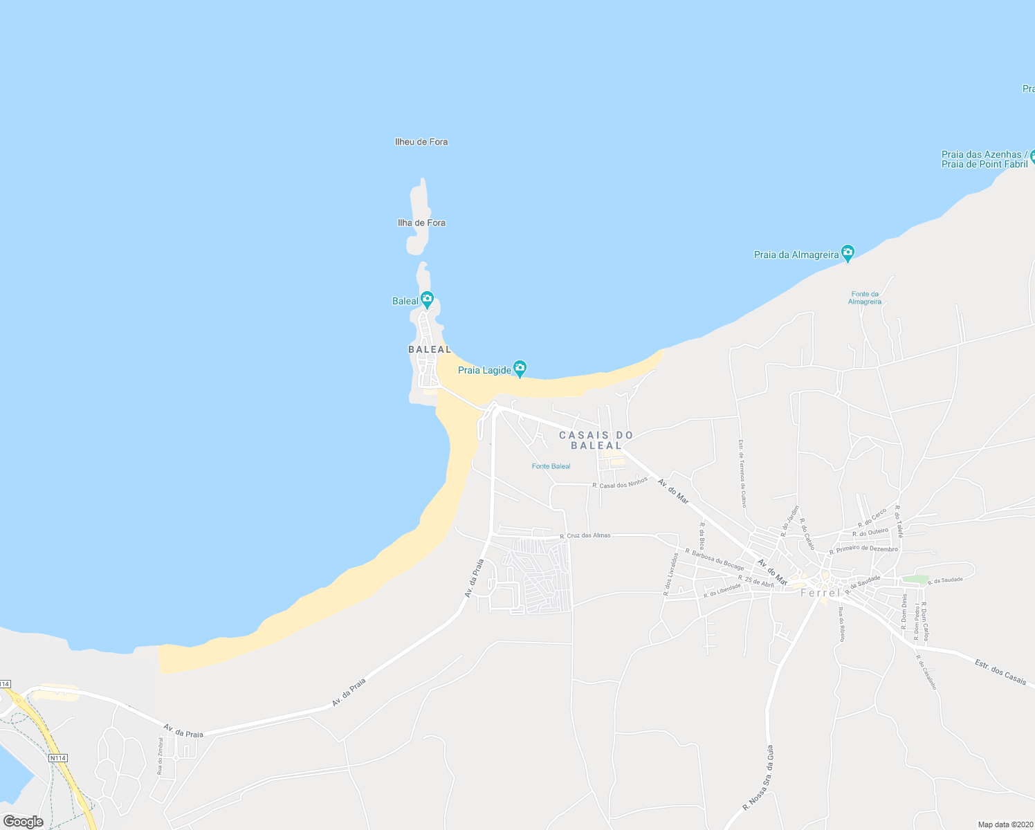 map of restaurants, bars, coffee shops, grocery stores, and more near 123 Avenida do Mar in Ferrel