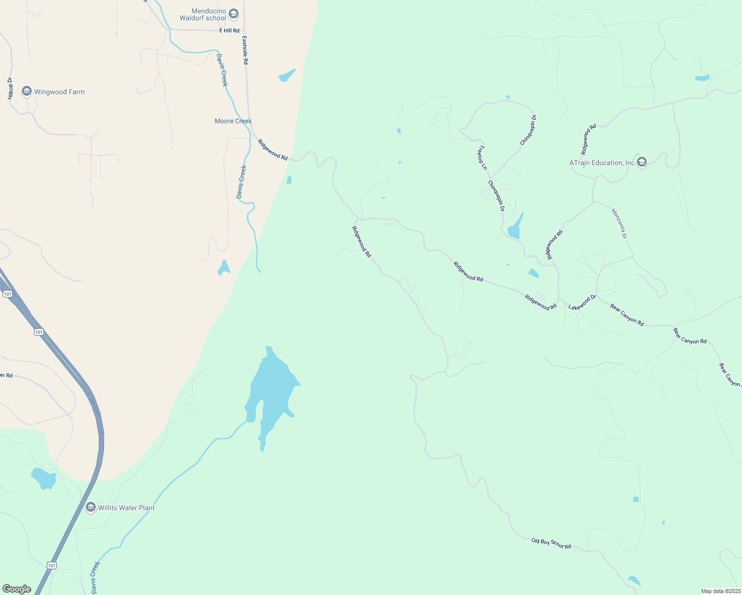 map of restaurants, bars, coffee shops, grocery stores, and more near 3335 Ridgewood Road in Willits