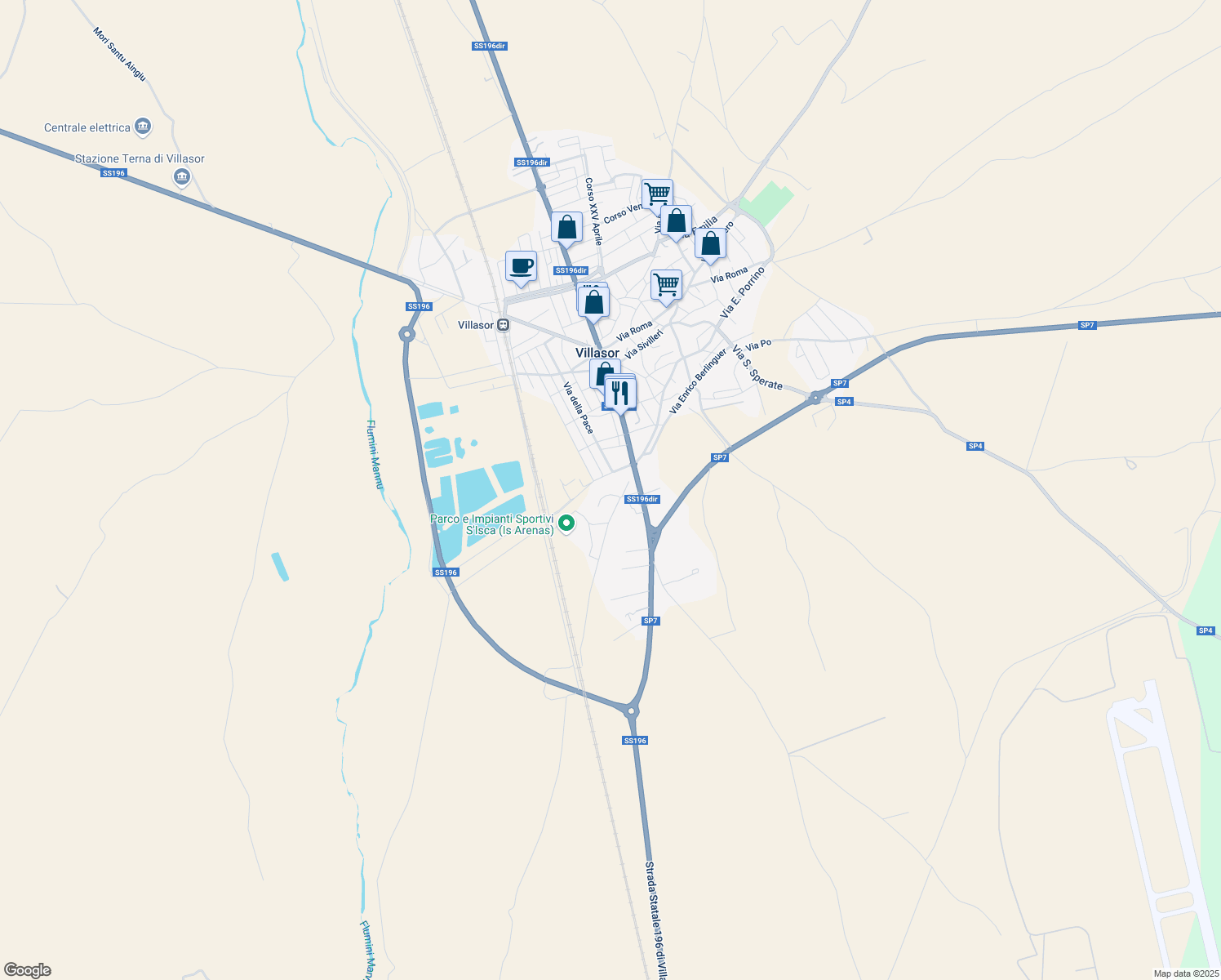 map of restaurants, bars, coffee shops, grocery stores, and more near 4 Via Amsicora in Villasor