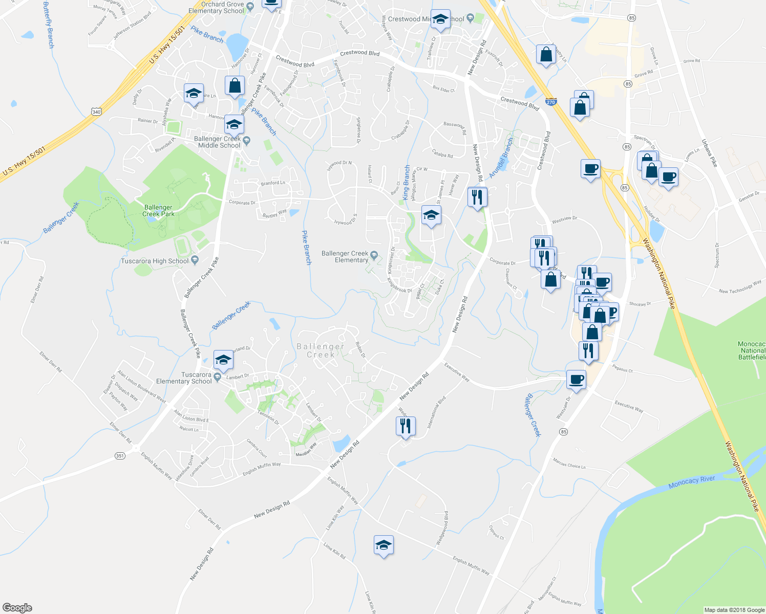 map of restaurants, bars, coffee shops, grocery stores, and more near 5238 Bamburg Court in Frederick