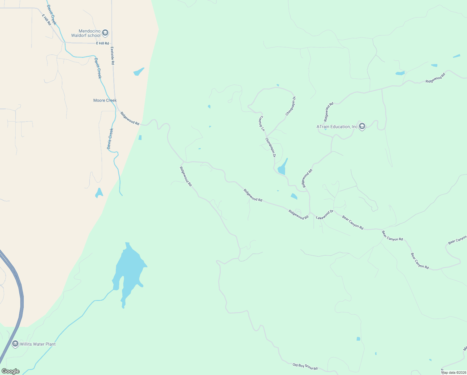 map of restaurants, bars, coffee shops, grocery stores, and more near 3651 Ridgewood Road in Willits