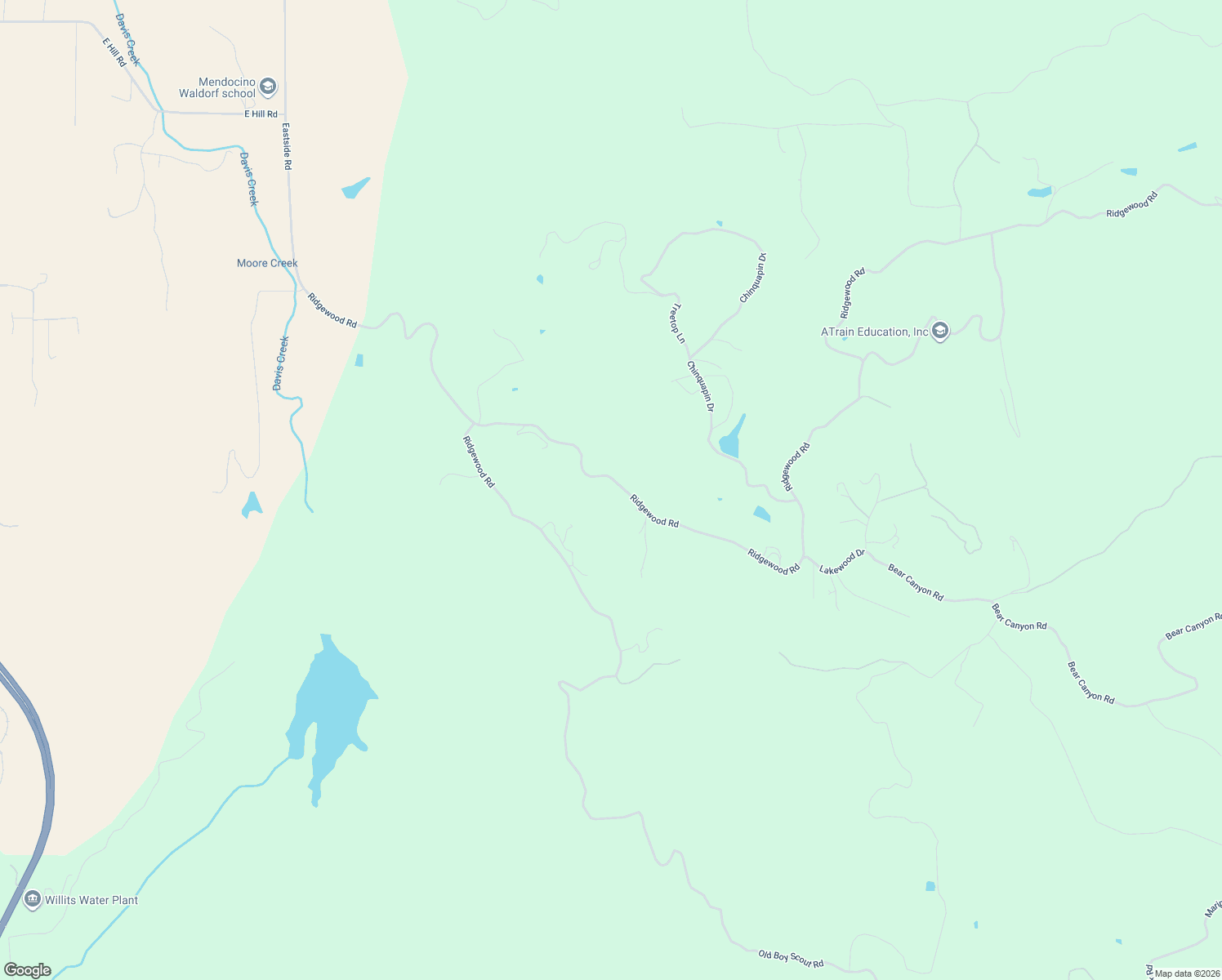 map of restaurants, bars, coffee shops, grocery stores, and more near 3651 Ridgewood Road in Willits