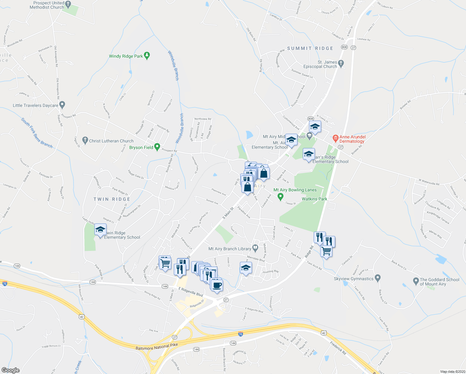 map of restaurants, bars, coffee shops, grocery stores, and more near 306 Hill Street in Mount Airy