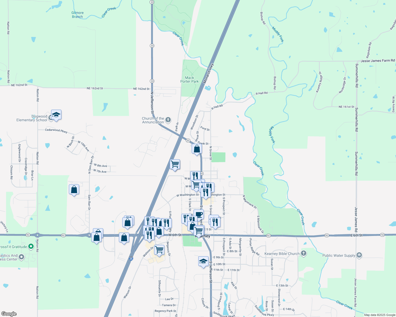map of restaurants, bars, coffee shops, grocery stores, and more near 412 N Jefferson St in Kearney