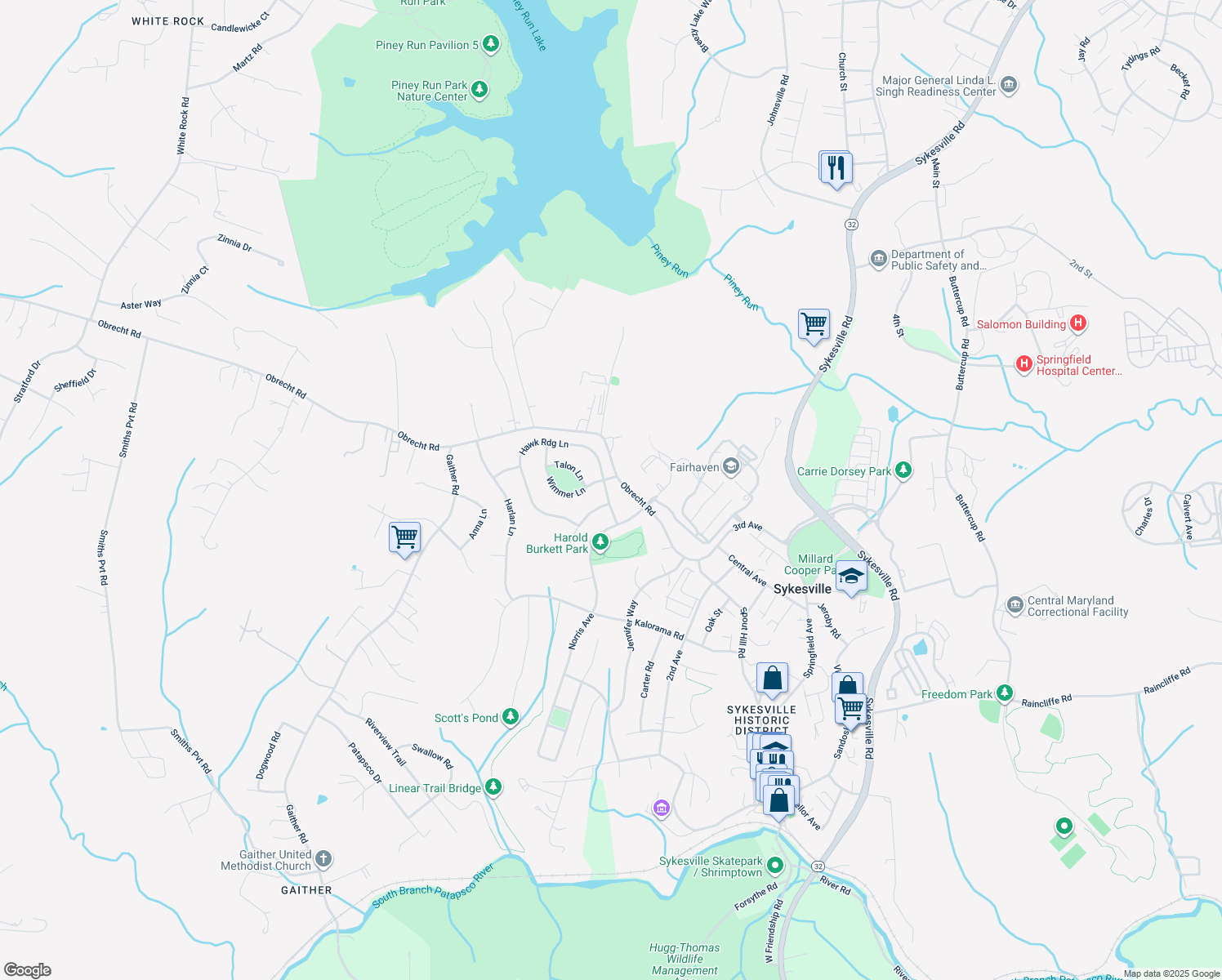 map of restaurants, bars, coffee shops, grocery stores, and more near 492 Hawkridge Lane in Sykesville