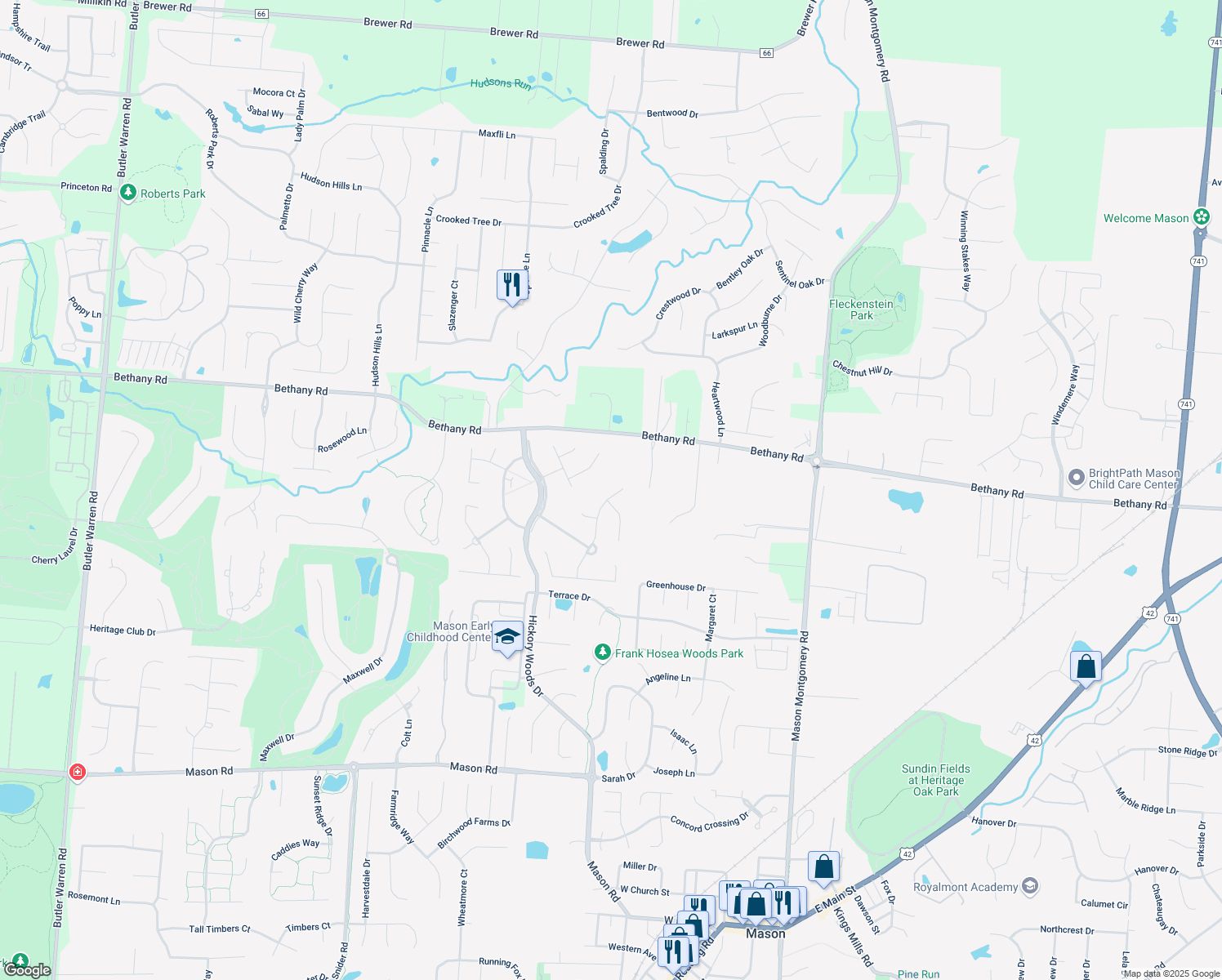 map of restaurants, bars, coffee shops, grocery stores, and more near 4357 Wilderness Way in Mason