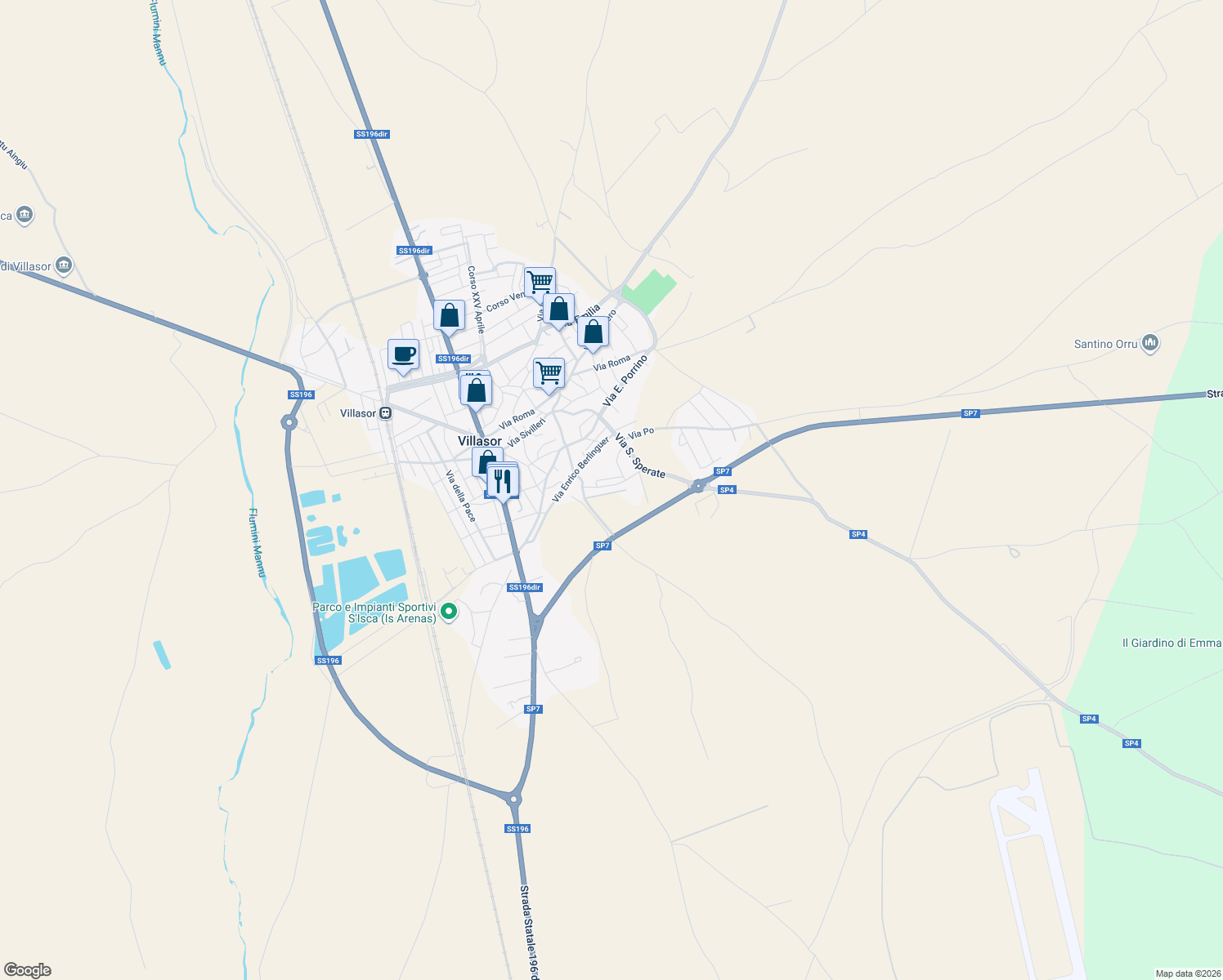 map of restaurants, bars, coffee shops, grocery stores, and more near 5 Via Sant'Isidoro in Villasor