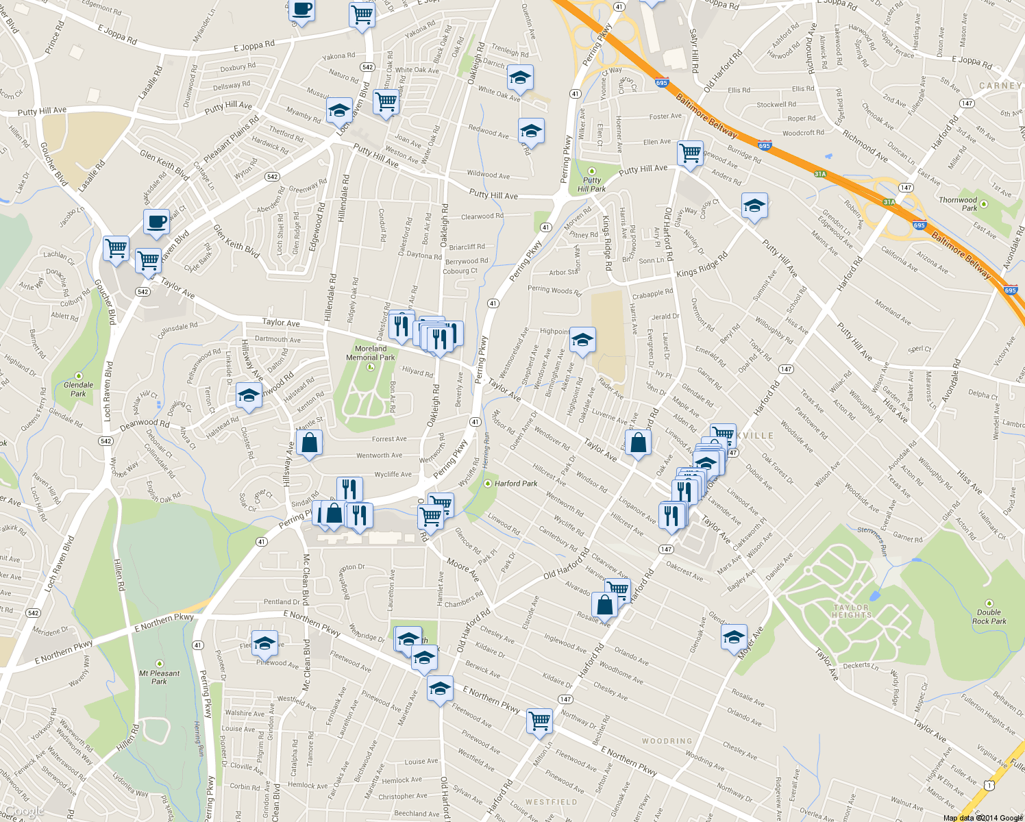 map of restaurants, bars, coffee shops, grocery stores, and more near 7708 Middlesex Place in Parkville