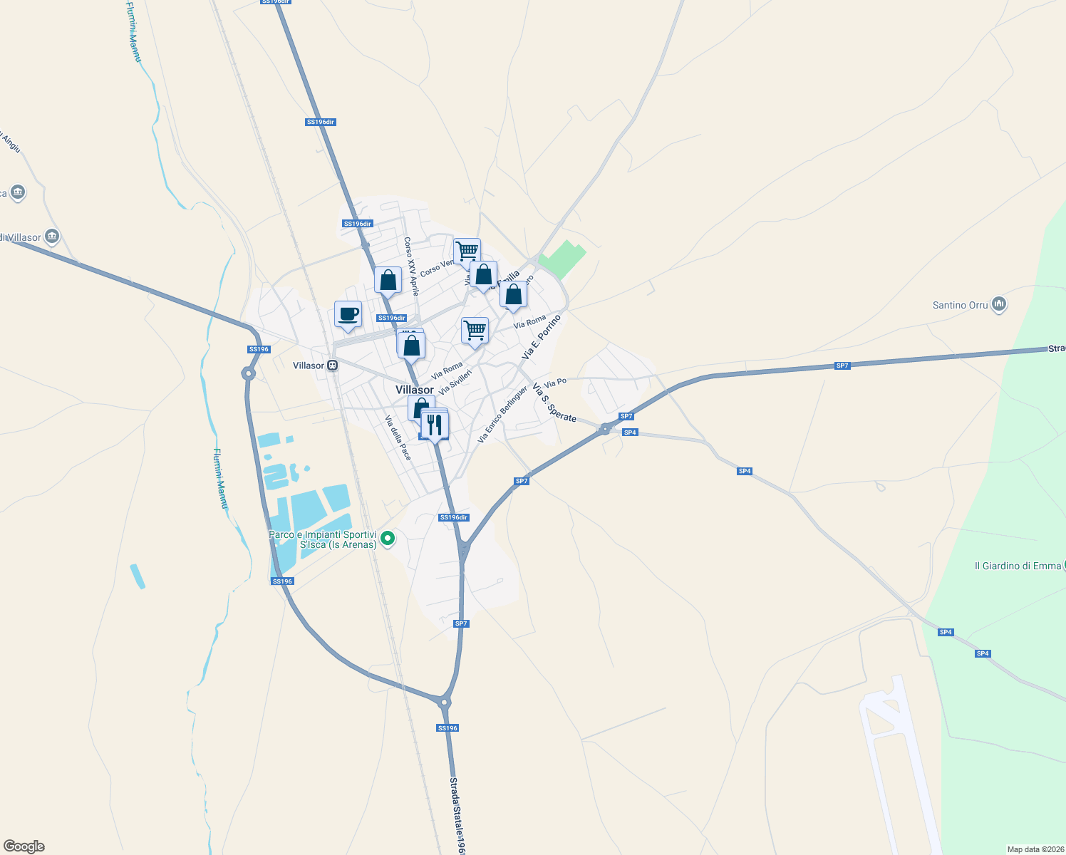 map of restaurants, bars, coffee shops, grocery stores, and more near 5 Via Sant'Isidoro in Villasor