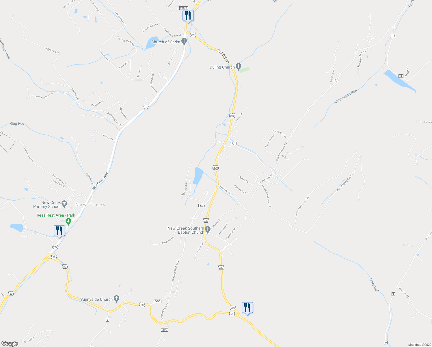 map of restaurants, bars, coffee shops, grocery stores, and more near Cut Off Road in Keyser