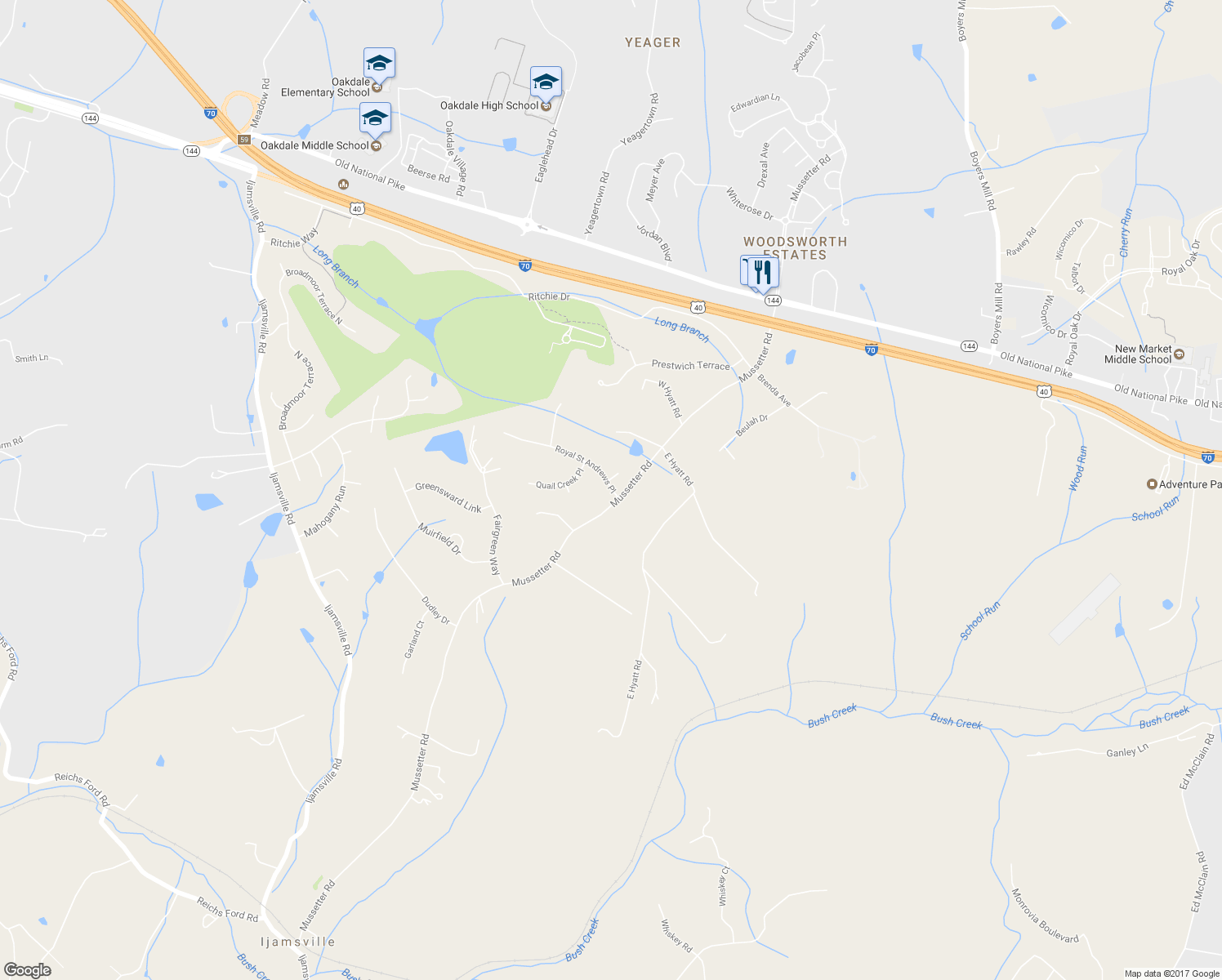 map of restaurants, bars, coffee shops, grocery stores, and more near 10250 Royal Saint Andrews Place in Ijamsville