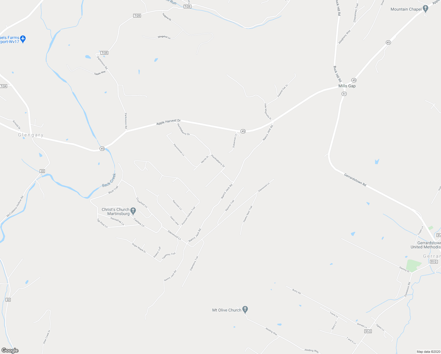 map of restaurants, bars, coffee shops, grocery stores, and more near 647 Huckleberry Drive in Gerrardstown